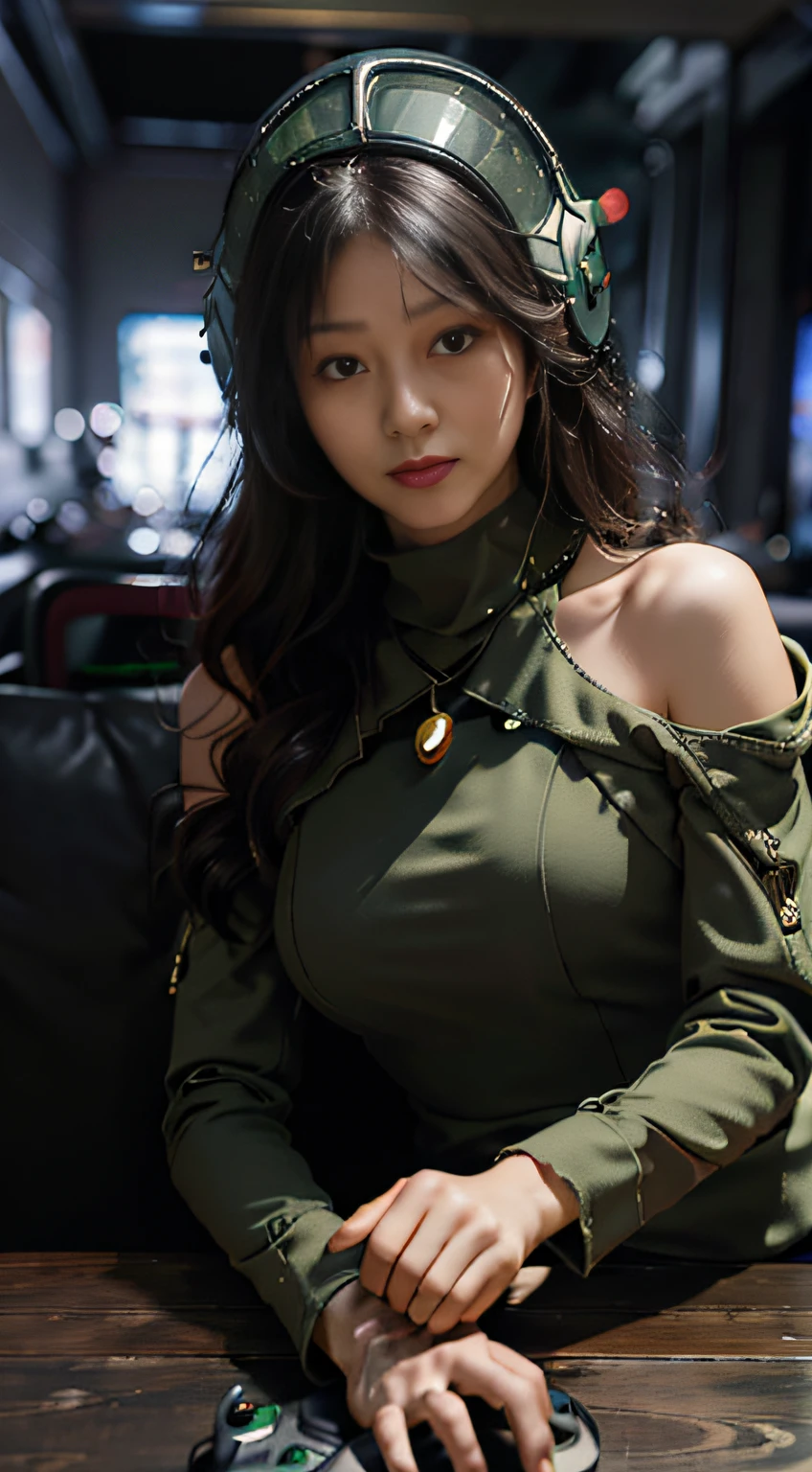 Highest image quality, outstanding details, ultra-high resolution, (realism: 1.4), the best illustration, favor details, highly condensed 1girl, with a delicate and beautiful face, dressed in a black and green mecha, wearing a mecha helmet, holding a directional controller, riding on a motorcycle, the background is a high-tech lighting scene of the future city.