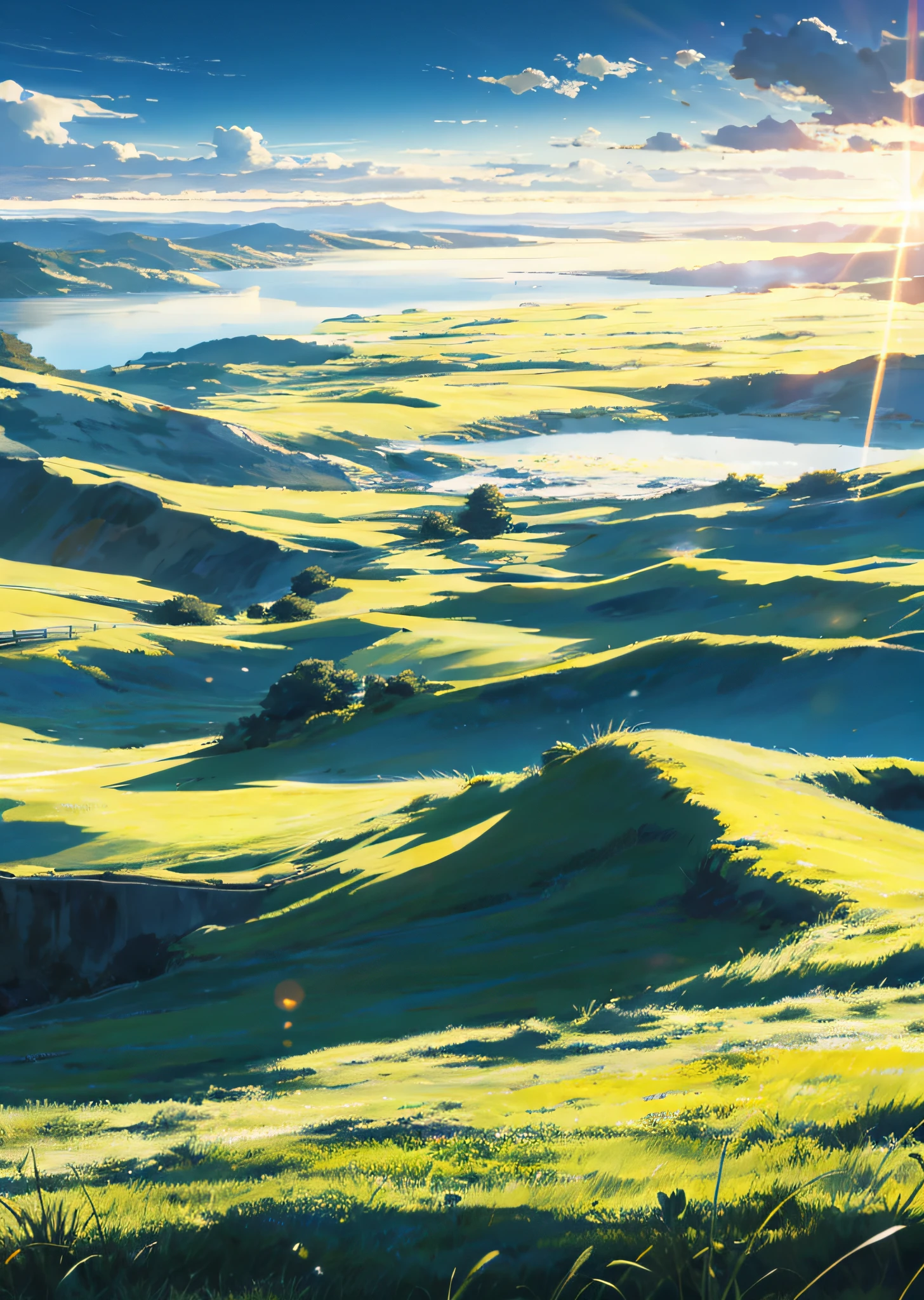 Vast sky, large grassland, moving visual effects, colorful natural light.