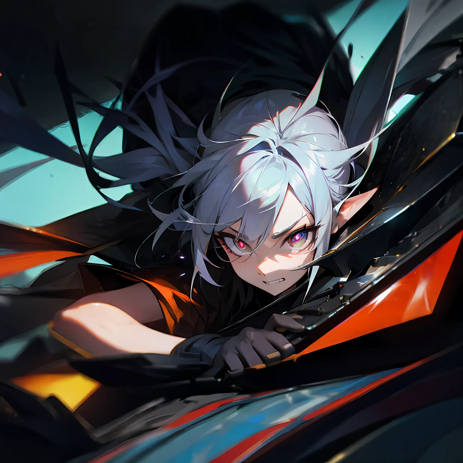 ember, Silver hair, mismatched pupils, clench one's teeth, futurism, Depth of field, image fill, hyper HD, High quality, High details
