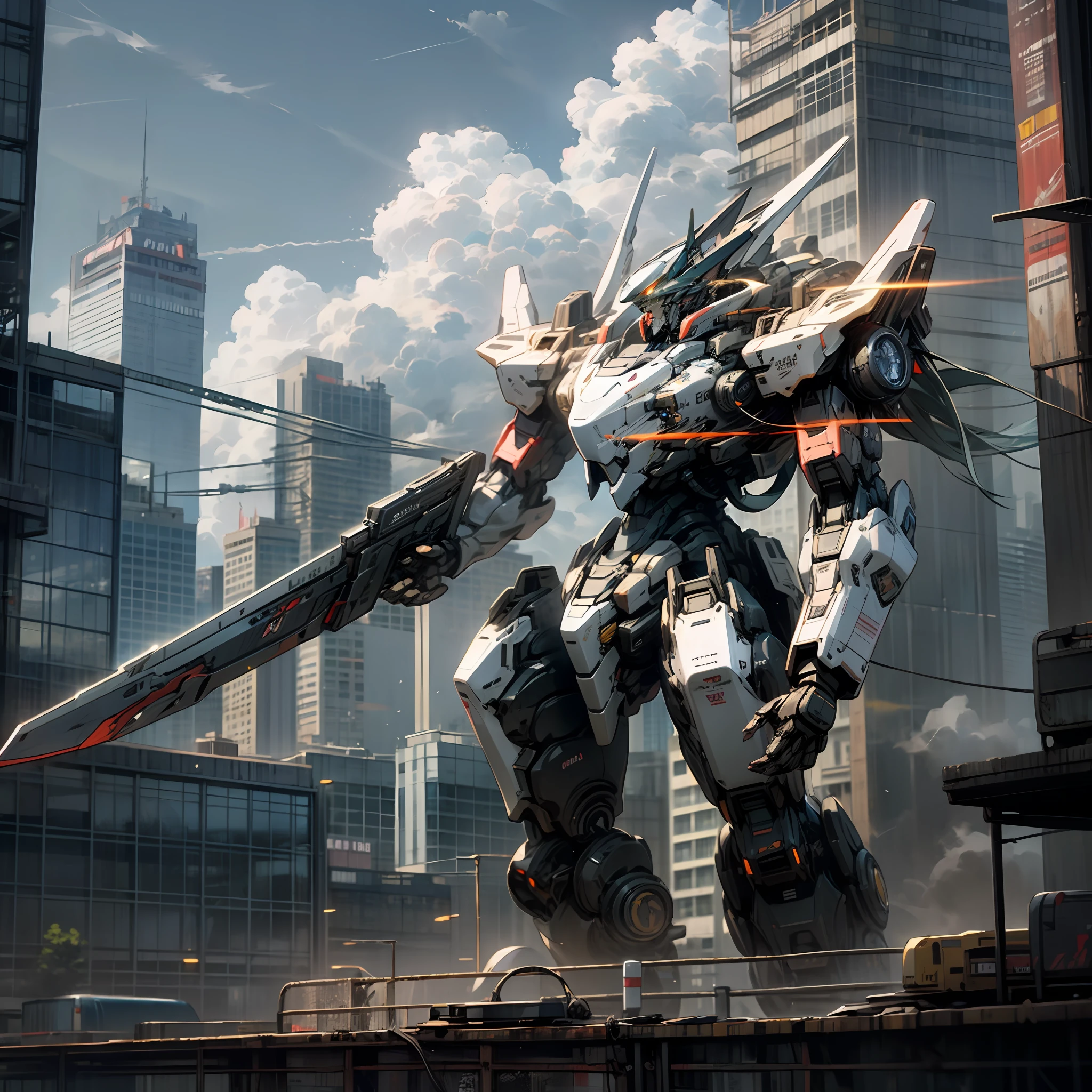 sky, cloud, holding_weapon, no_humans, glowing, , robot, building, glowing_eyes, mecha, science_fiction, city, realistic,mecha --auto