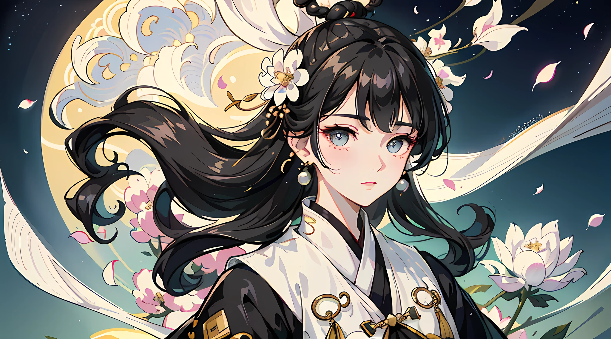 Mature girl , black hair, floating hair, delicate and smart eyes, starry pupils, intricate damask hanfu, gorgeous accessories, wearing pearl earrings, FOV, f1.8, masterpiece, complex scene, flower petals flying, front portrait shot, Chang'e