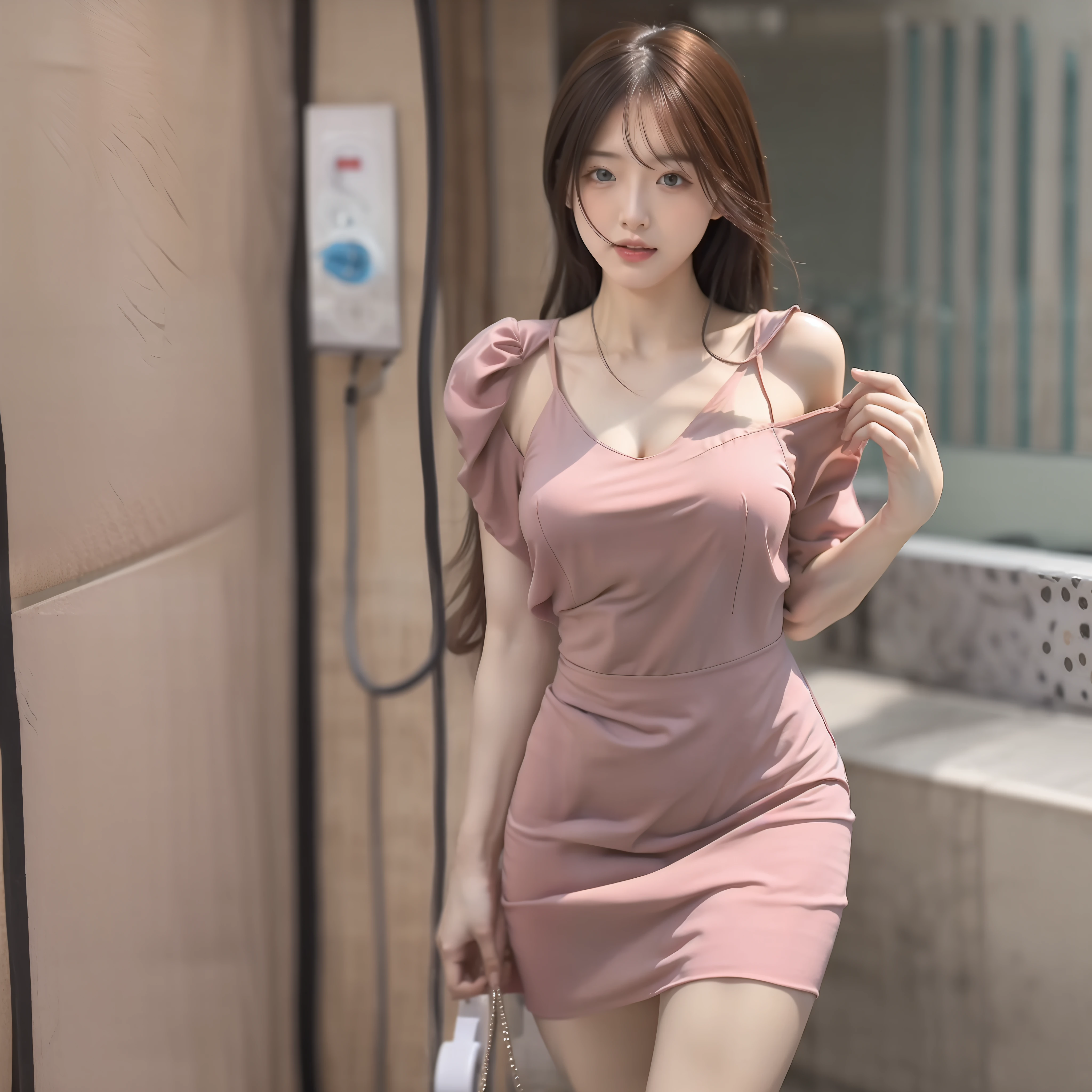 sexy beauty,Kazilan's eyes widened,pinkdress,Go to the toilet in a public toilet