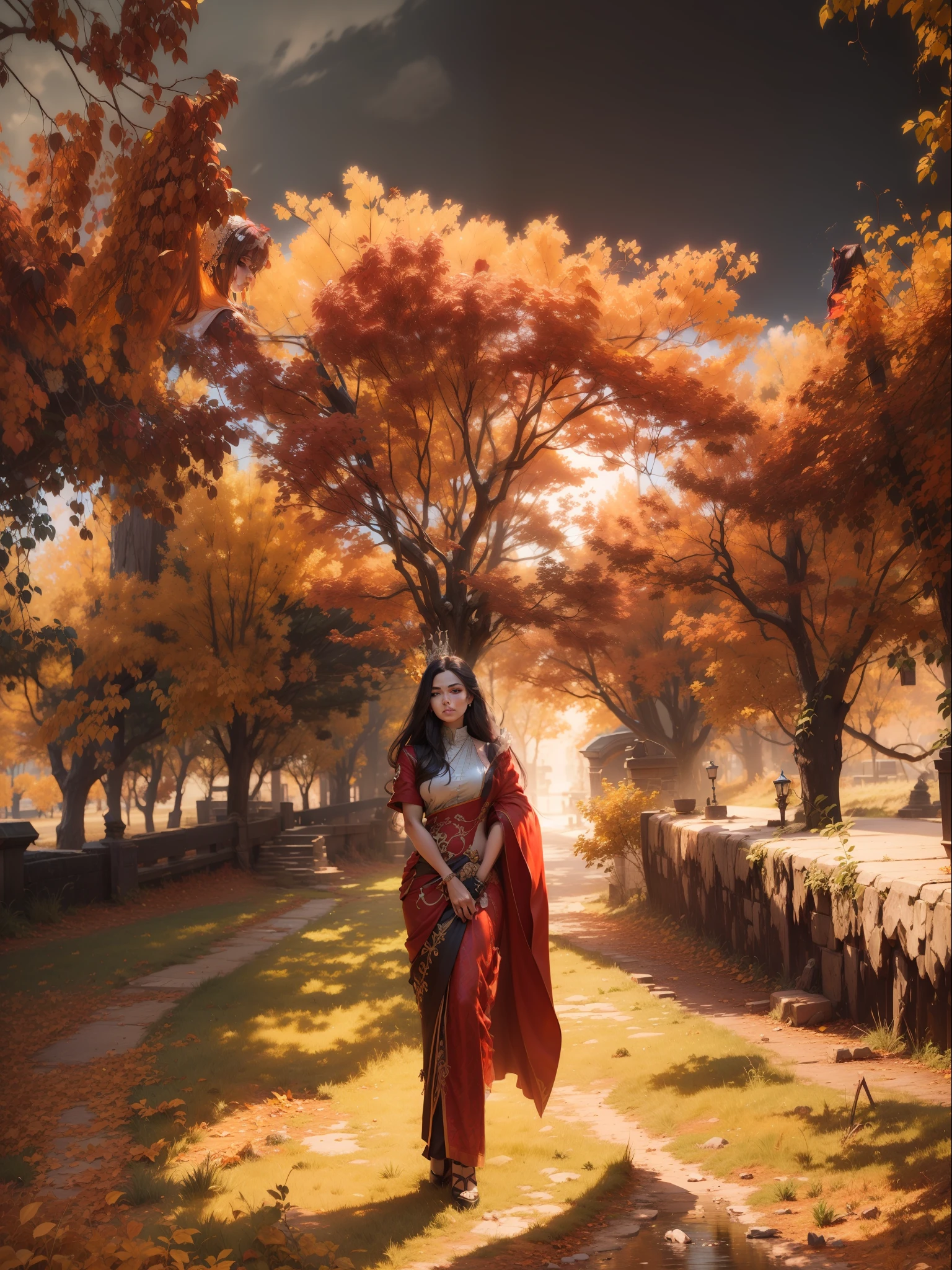 Red royal outfit, long hair, ultra realistic