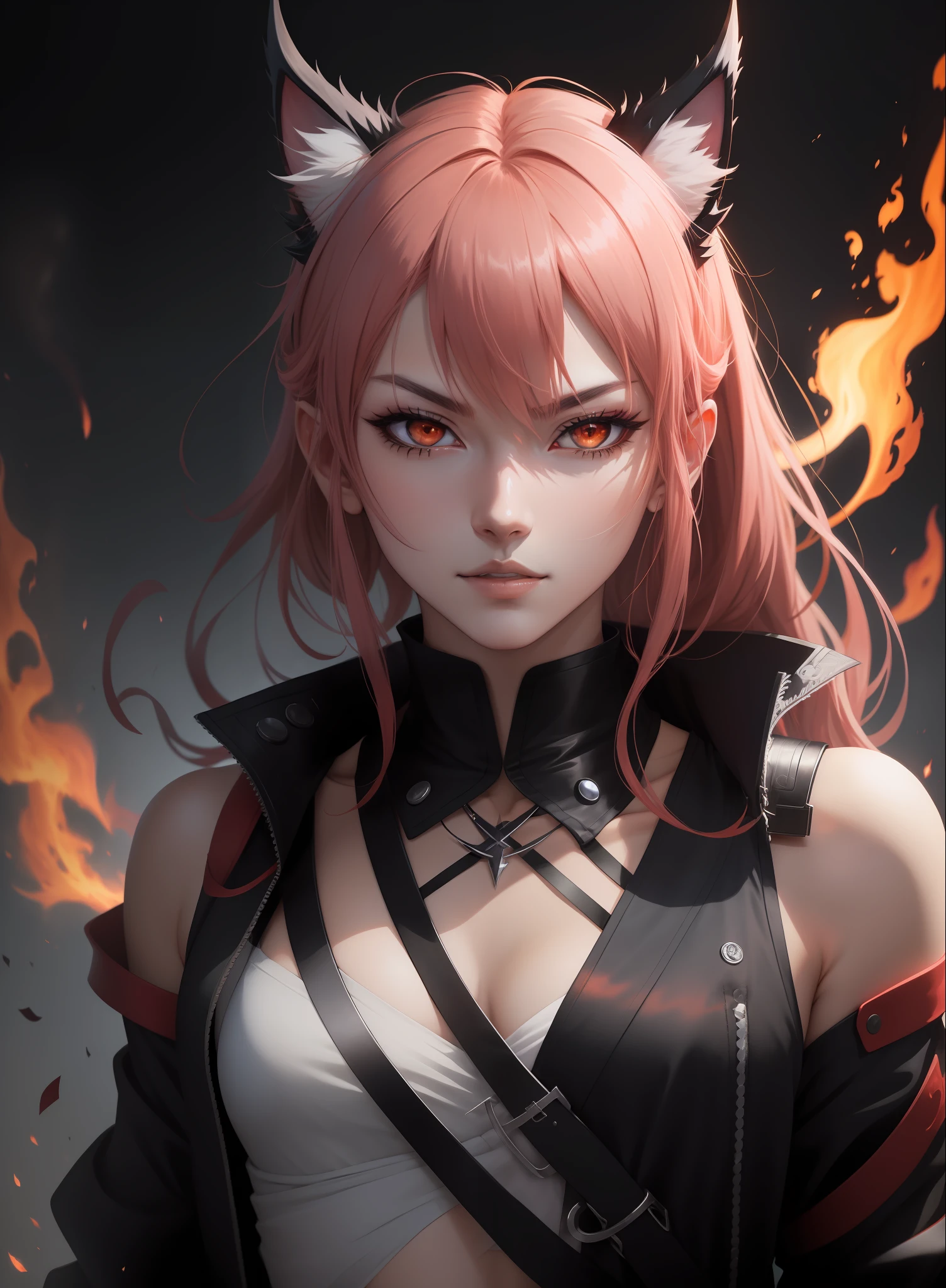 The most beautiful anime art style,Delicate anime red-eyed cat-eared man,Stunning portrait of a demon killer,4k anime wallpapers,A wonderful presentation of flames and lightning,Exotic and adventurous,8K Anime Art Wallpapers,The charismatic demon killer Rui fanwork。