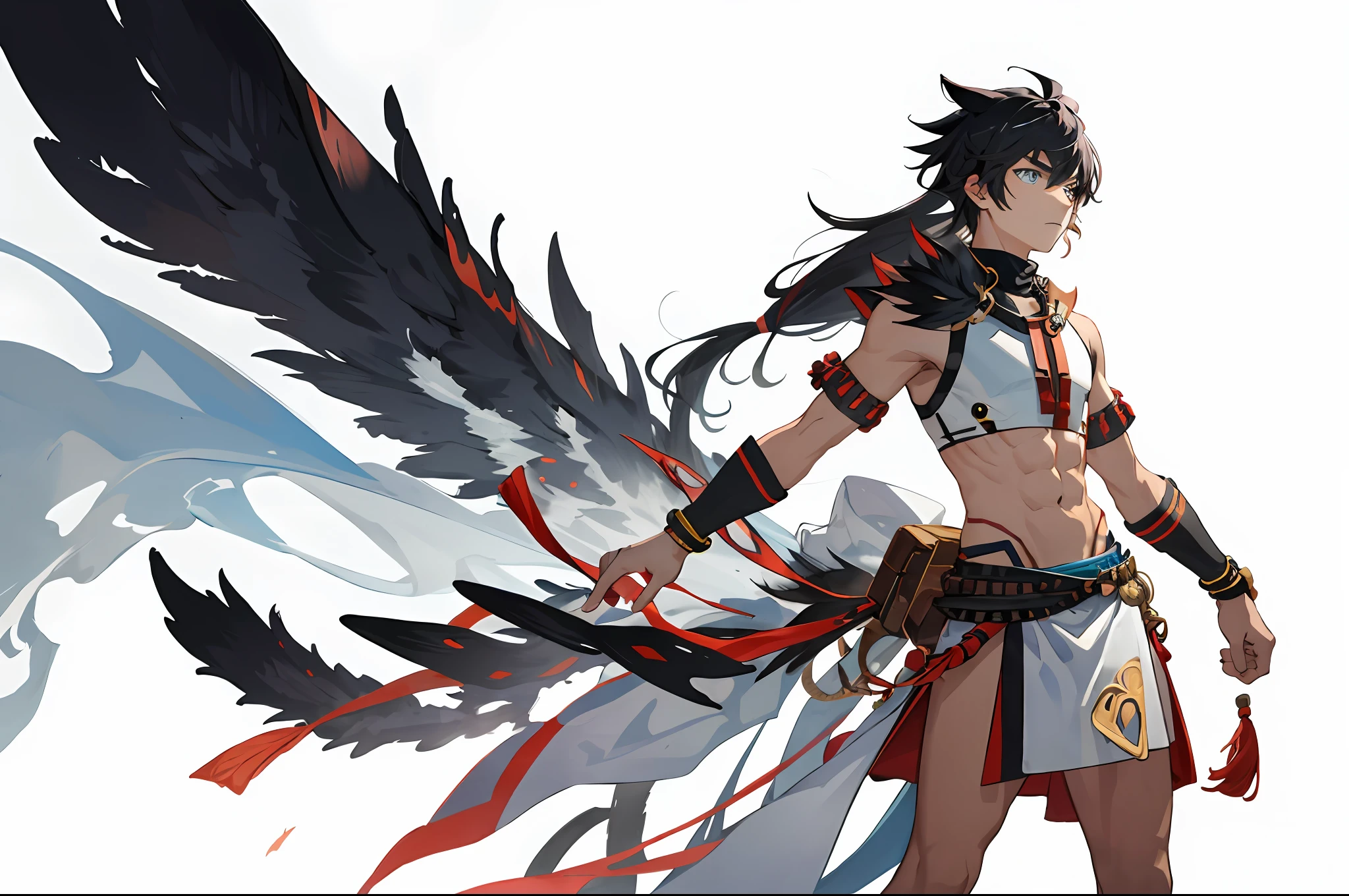 Primitive tribal teenager,nakeness,Animal skin skirt,male people,solo person,The upper part of the body