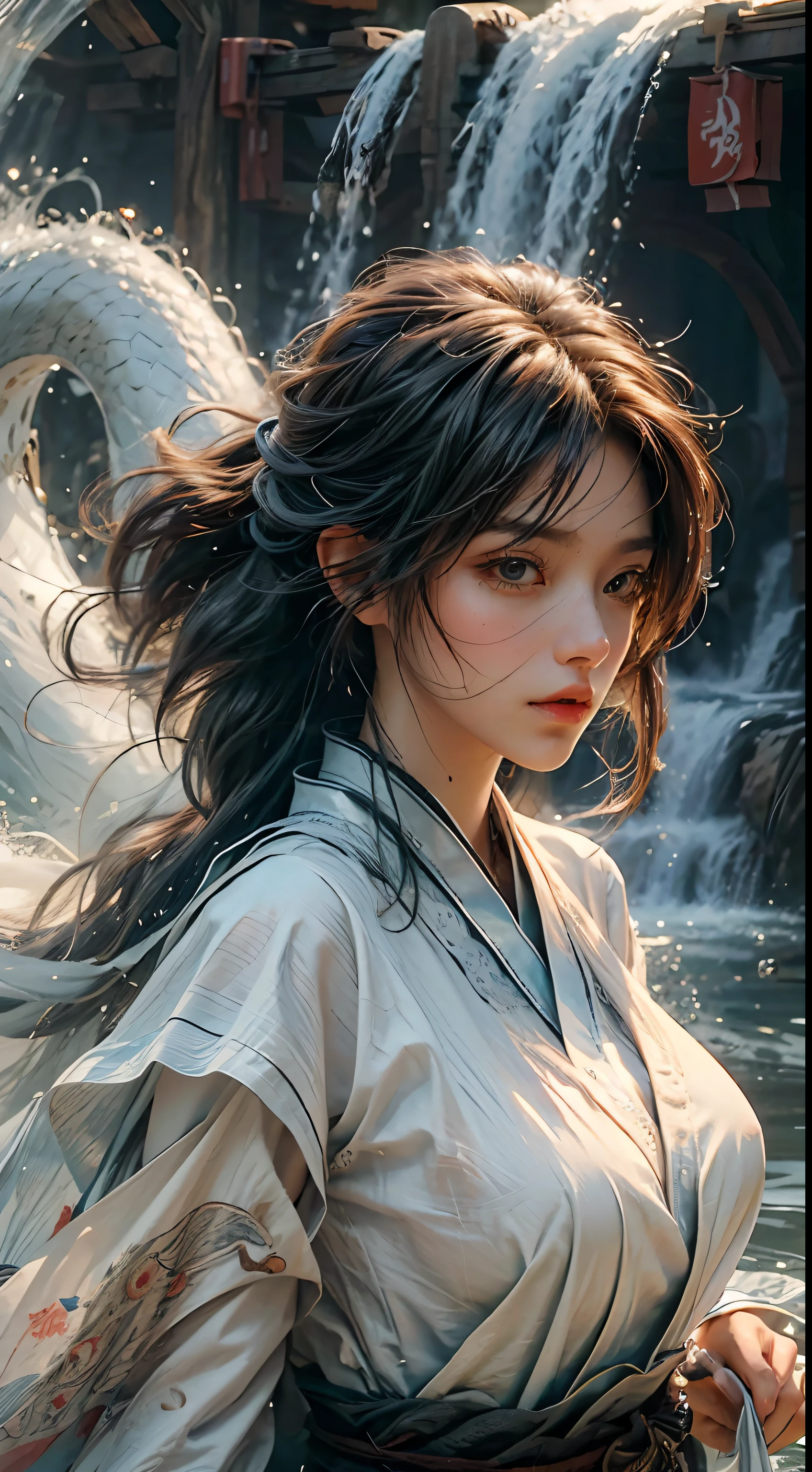 (RAW Photo, Best Quality), (Realistic: 1.3), Best Quality, Highly Detailed, Masterpiece, Hyperdetail, Illustration, 1 Girl, upper_body, Dynamic Angle, World Mastery Theater, messy_long_hair, Best Quality, Extremely Detailed CG Unified 8k Wallpaper, Ink, Breathtaking, Cinematic Light, lens_flare, Fantastic Big Eyes, (Yushui: 1.2), Water, Waves, White Clothes, White Veil, (White Serpent's Tail), Sony main shot