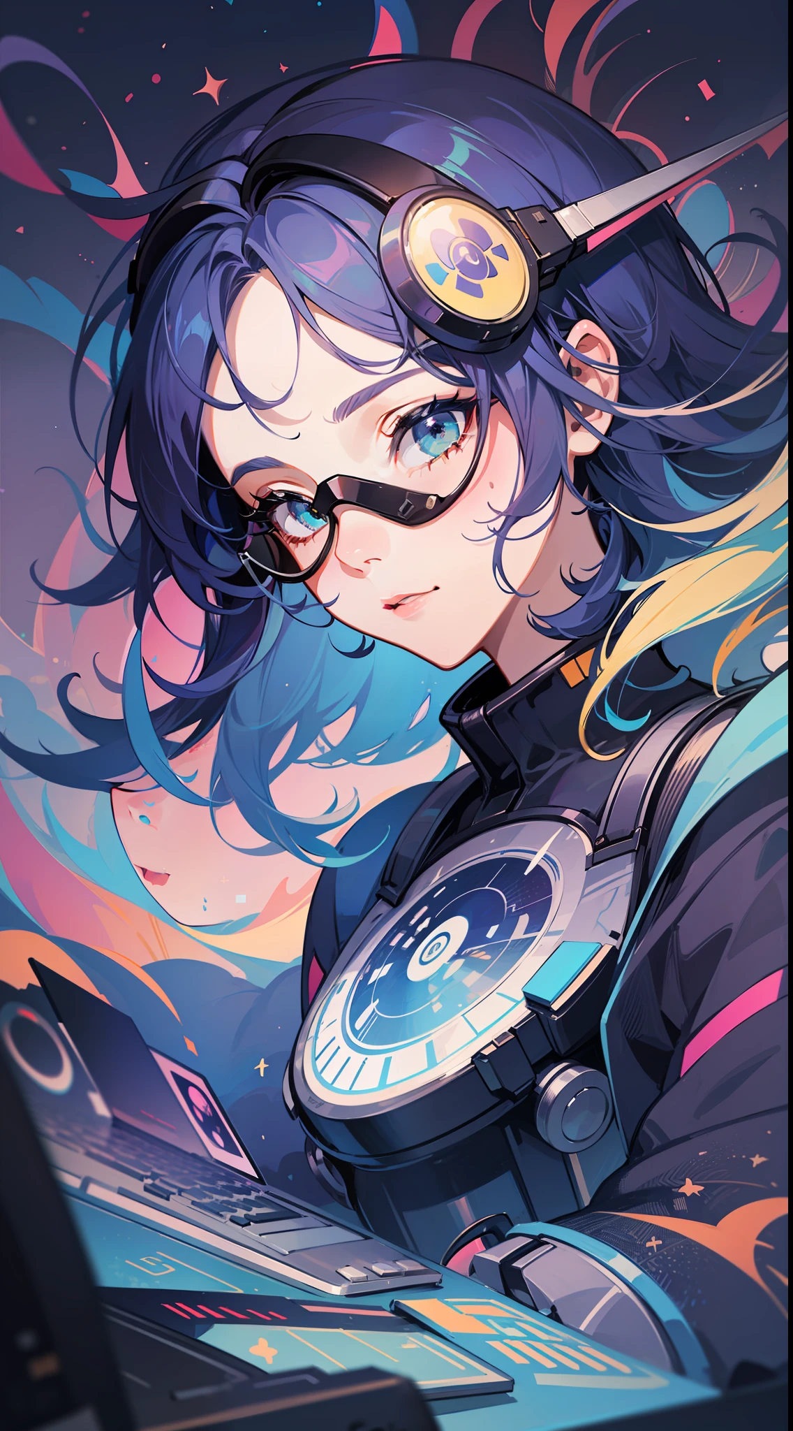 （（tmasterpiece））， （（ultra - detailed））， （（best qualtiy））， 美丽细致的眼睛， Detailed face， The best lighting， The best shades， 1 rapariga，doi，Overwatch，Close-up of the side top-down，独奏， （（cyber punk style， edge lit， machine arm，Hologram aura，Surreal Science Fiction Art，Future Science Fiction Aesthetics，Flat 2D style））， （（The main colors are purple and green））， Large disc， （Girl inside the screen：1.5），Mobile Paradise，Orange bulb，A world made up of mobile phones，Gamepad，laptop，VR glasses，Virtual screen， freckle， Cold nose， （（（Buble）））， illustration，japanese inspired， （highly  detailed）， Whirlpool effect，