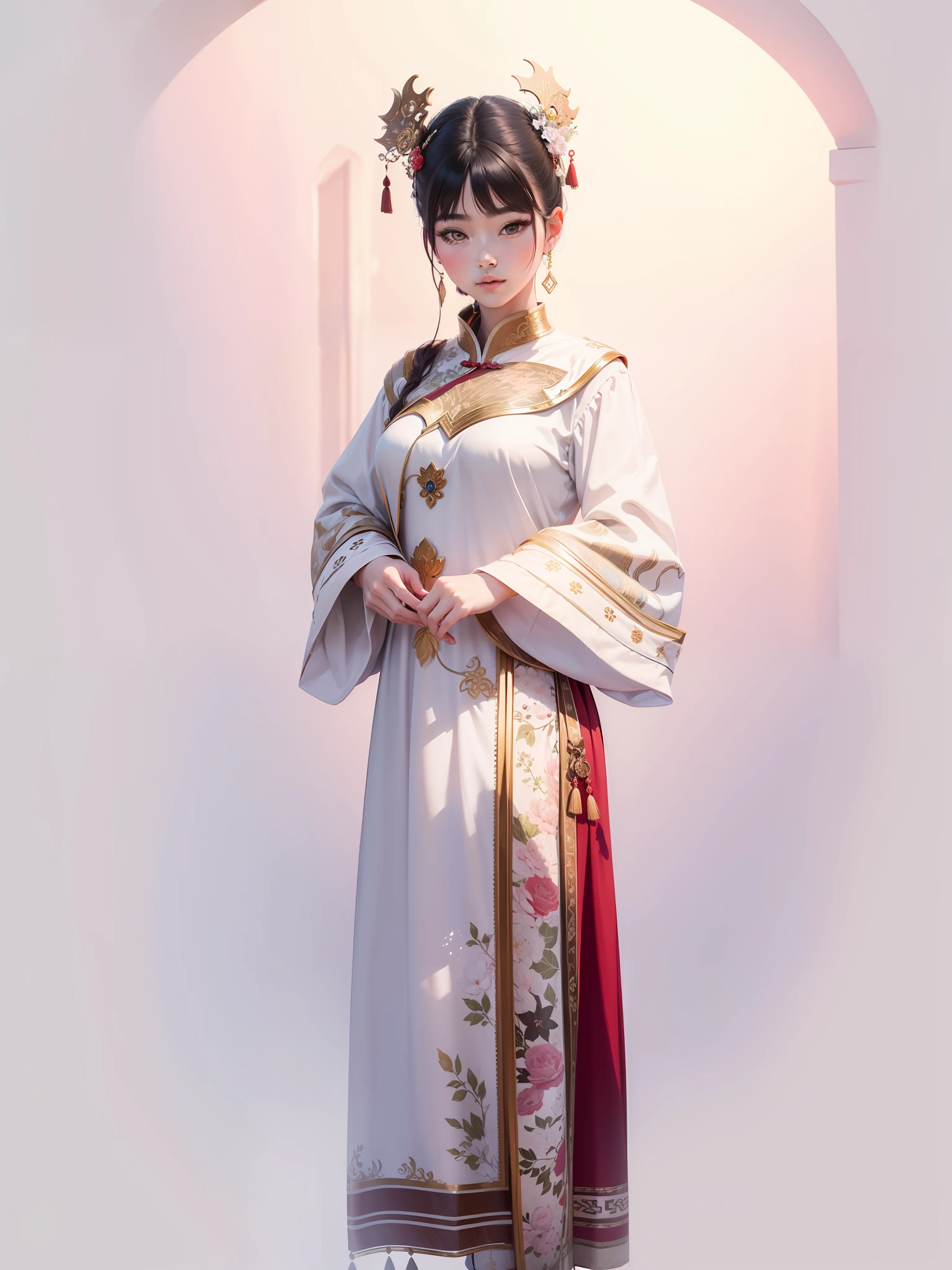 In the doorway stood a woman in a white dress。, Palace ， A girl in Hanfu, White Hanfu, Beautiful character painting, Guviz-style artwork, Guviz, Wearing ancient Chinese clothes, a beautiful fantasy empress, Chinese costume, with acient chinese clothes, Hanfu, Princesa chinesa antiga