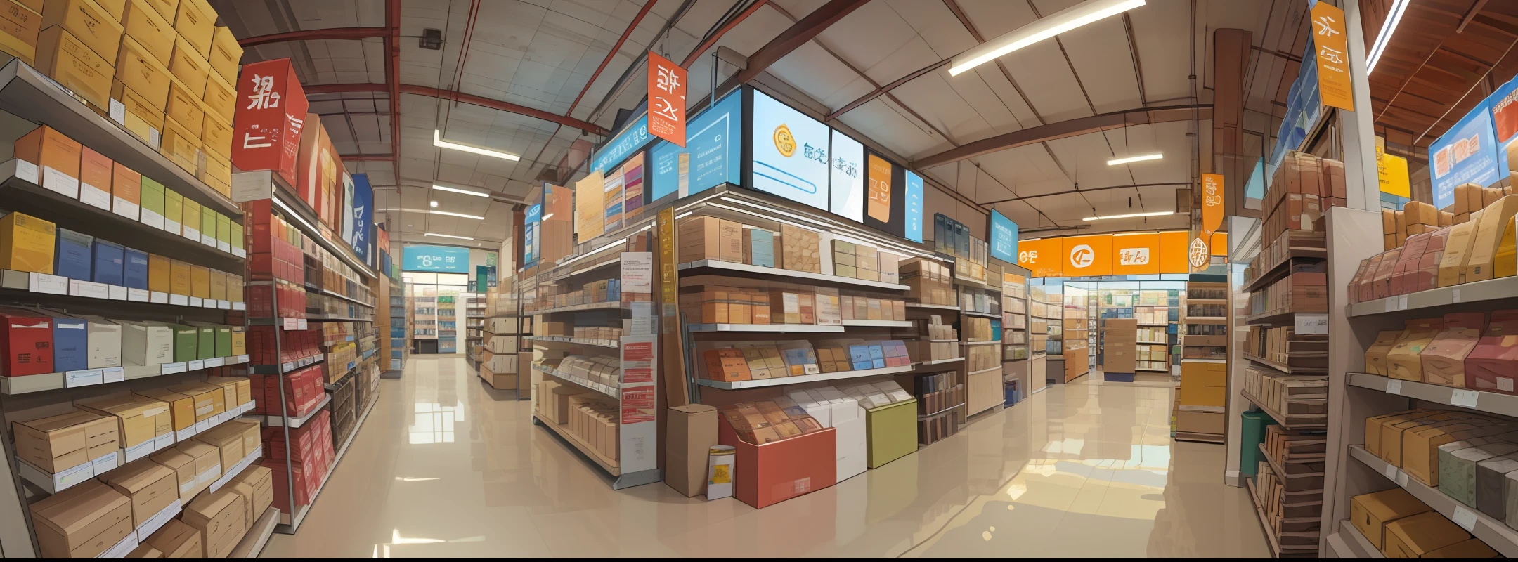 a building materials store with multiple vendors and materials displayed on shelves. highlight the electrical wires and cables, and the store will have the Brazilian standard. don't forget the sellers in the Store