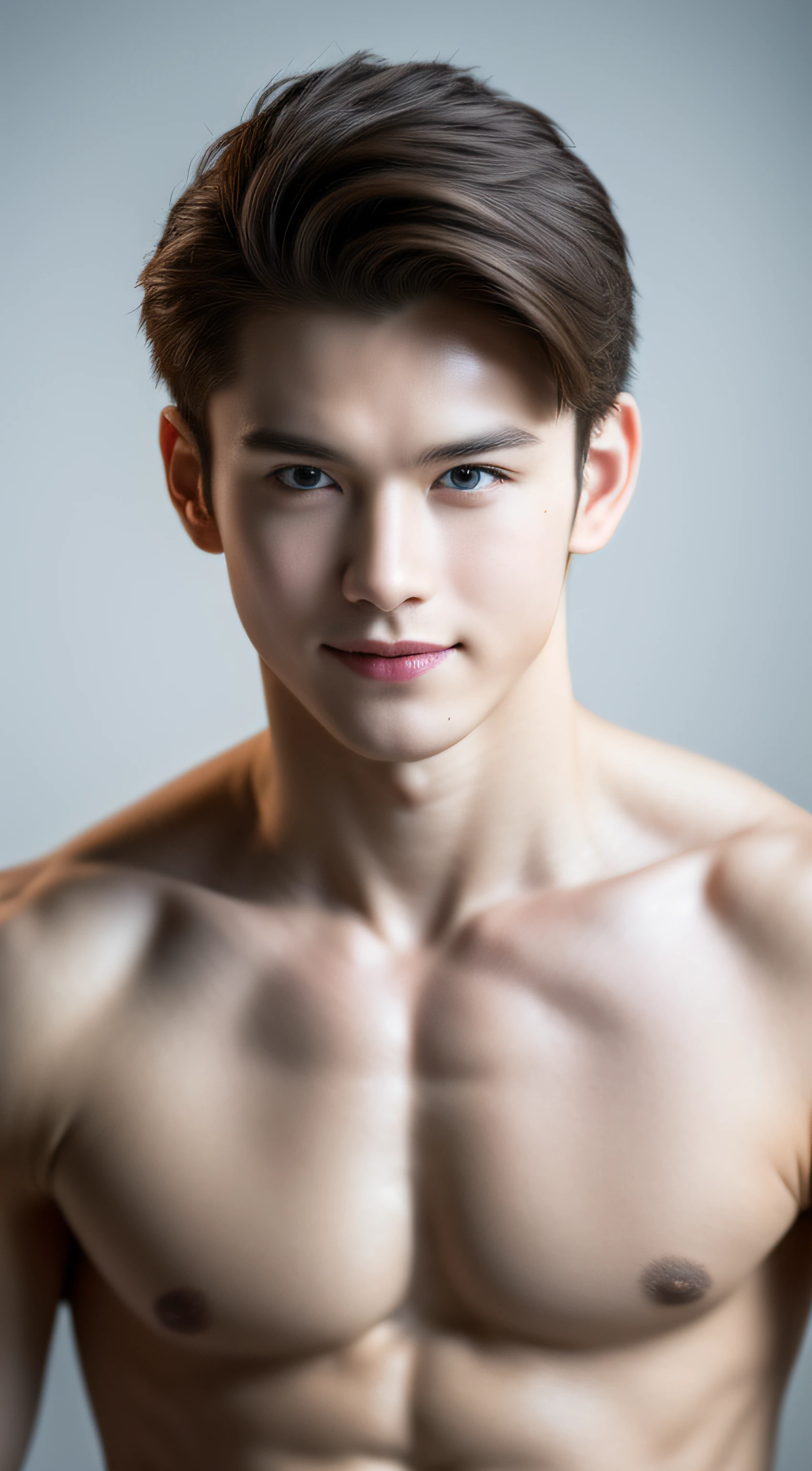 Best Quality, Ultra High Resolution, (Realistic:1.4), Masterpiece, Blurred Background ,Muscle, Solo, 1 Boy, Young Man , Standing, White Skinned Without Top, Posing, Facial Focus, Smile, Shut Up,