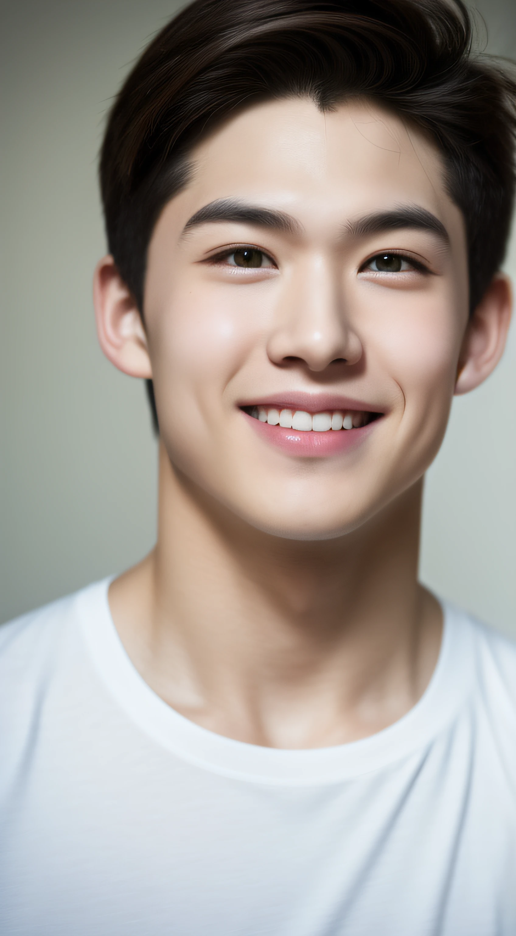Best Quality, Ultra High Resolution, (Realistic:1.4), Masterpiece, Blurred Background ,Muscle, Solo, 1 Boy, Young Man , Standing, White Skinned Without Top, Posing, Facial Focus, Smile, Shut Up,