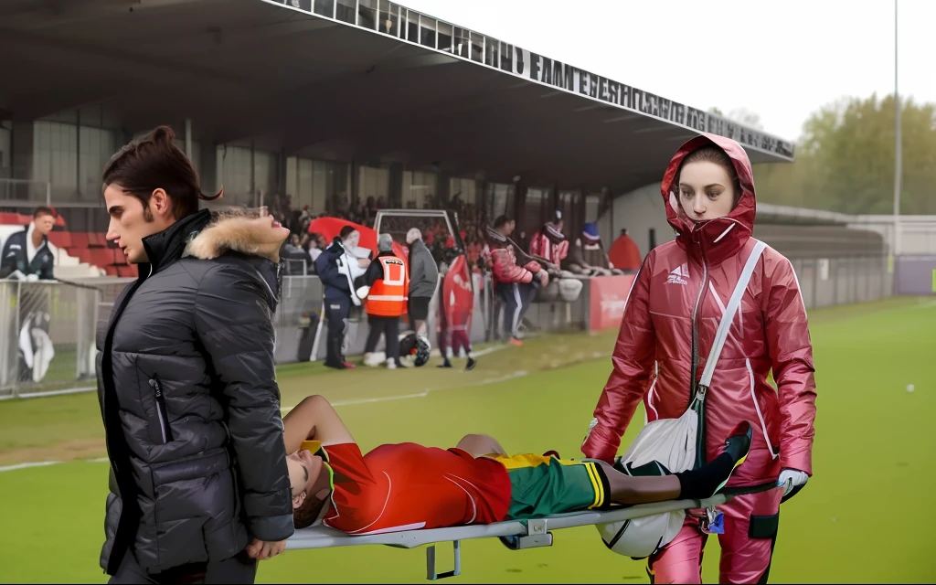 soccer, sports injury, theatralic erotic action, intense erotic scene, erotic pose, a love scene, passionate loving action, erotic, an injured soccer-boy in matte cotton sportswear is rearing up in pain on a stretcher, an injured soccer-boy in matte cotton sportswear is rearing up in pain on a stretcher that is carried by two girls, there are two girls in shiny jacket, two terrified but attractive girls are evacuating an injured soccer-boy from a soccer field, an injured soccer-boy in matte cotton sportswear is rearing up in pain on a stretcher while he is evacuated from the field of play by two attractive girls, an injured soccer-boy is crying in pain,two attractive girls in wet shiny plastic-jackets are giving first aid, dramatic action scene, first aid, injury, pain, agony, helping women, women carrying a man, attractive girls in shiny coats with lipstick and madeup smokey eyes, a consciousless german boy in a cotton shirt and a matte jeans, attractiveafrican girls are carrying a german boy in a stretchers, a matte clothed injured boy, a shorthaired boy with cotton t-shirt, a shorthaired boy needs to be carried while wearing matte sportswear