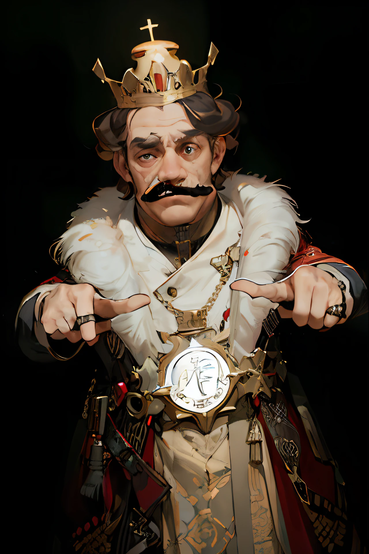 (AS-old:1.7), (1man:1.8), (male focus:1.2), (ugly:1.7) solo, solo focus, masterpiece, ((exquisite_detail)), illustration, (handsome), extremely_detailed_CG, burger king guy, gun in hand, showing hand sign