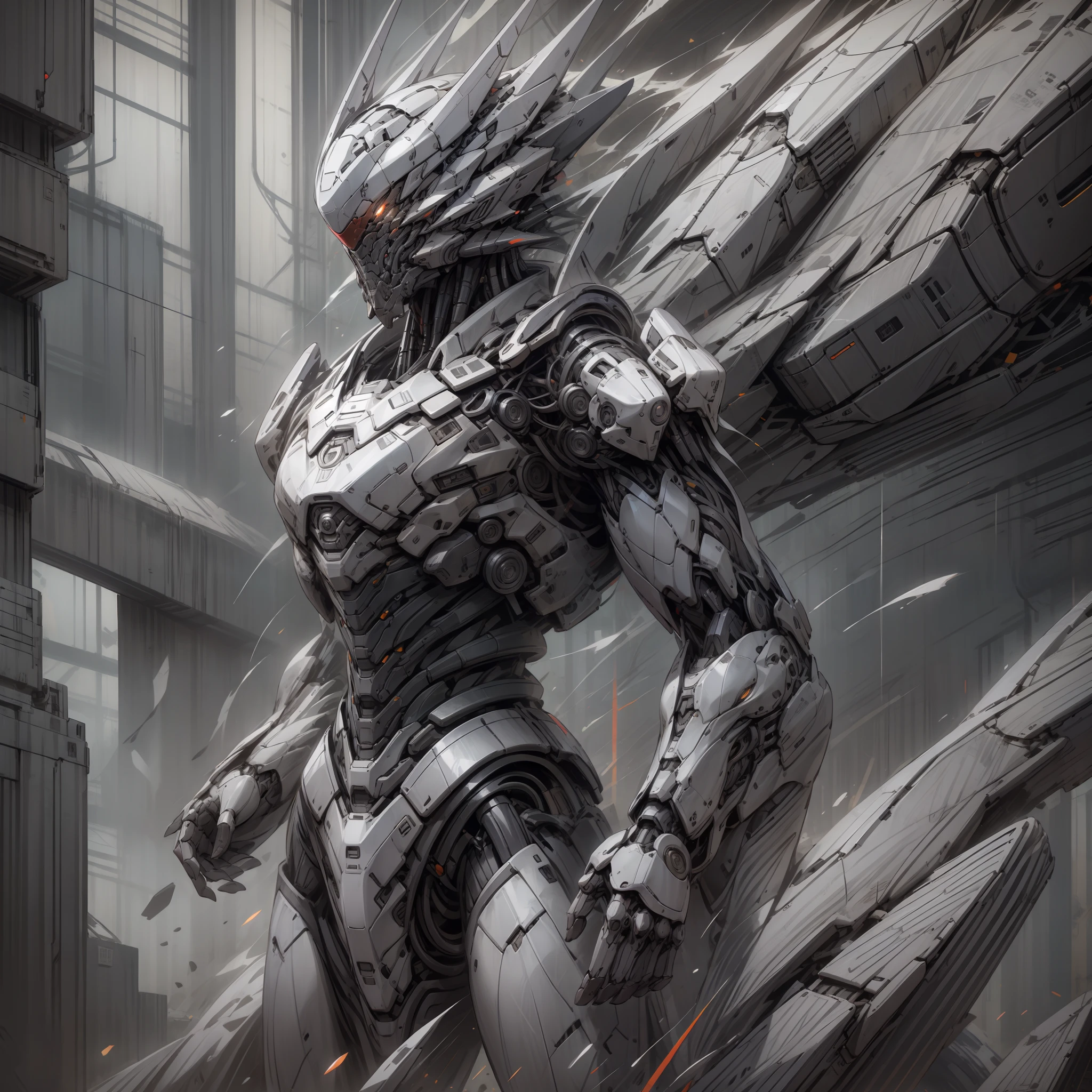 Tall mech,Silver-white body,Black and white,Use the plasma sword,There is a dragon particle effect,Yin and Yang gossip,Formation,mechanical sense,sense of strength,Sense of space,combats,cyber punk perssonage,Human body modification,Structurally sound,Battle instant,high-quality face,4K,High quality,Masterpieces