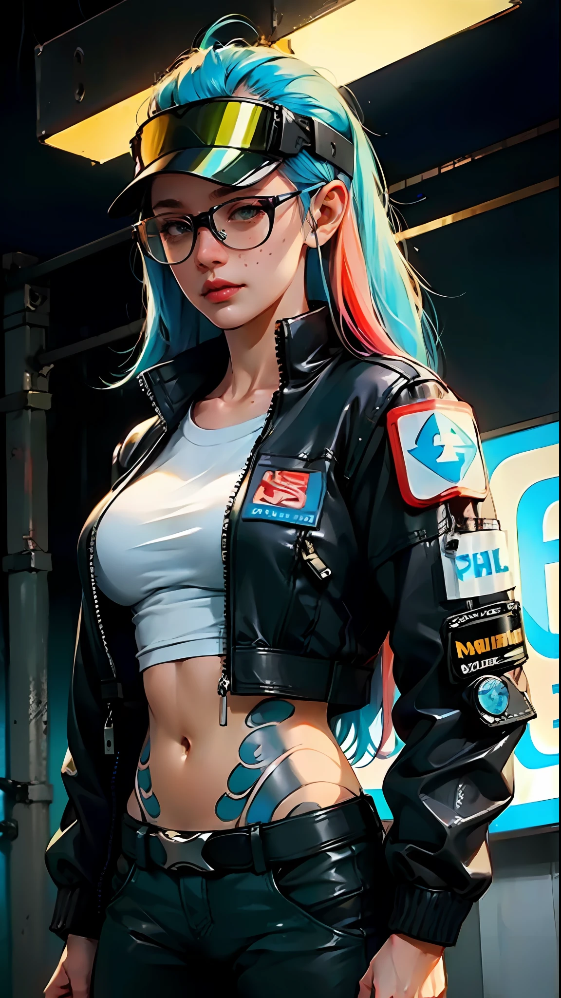 ((Best Quality)), ((Masterpiece)), ((glasses)), militar pants, long hair, mature, perfect eyes:1.2, woman face, big breasts, detailed eyes:1.4, ((freckles)), woman, hightech visor, visor, high tech, hacker, irezumi, tattoo, techwear, headphones, messy hair, multicolored hair, blue hair, black jacket, gradient hair, leather clothes, (High Definition:1.3), 3D, Beautiful (Cyberpunk:1.3), Colored hair, militar, black clothes looking at camera, hacker woman, neo tokyo