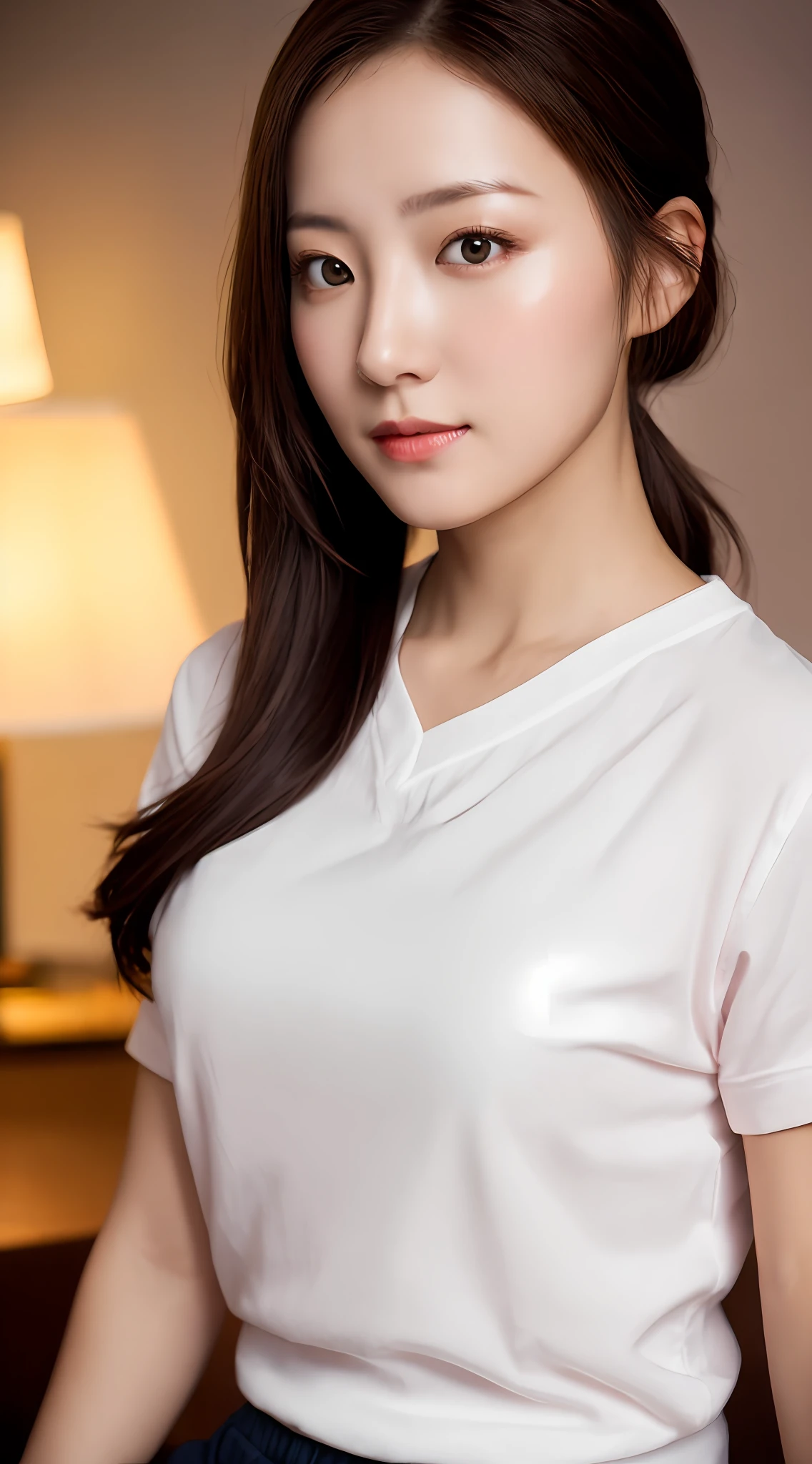 (8K, RAW photo, Best quality, tmasterpiece), (Realistic, photo-realistic:1.2), Ultra detailed, l, Cute, Solo, Beautiful detailed sky, Detailed Cafe, Night, Sitting, dated, Dosage blush, Closed mouth,美丽细致的眼睛,Wearing a white shirt,White dolphin shorts,Medium build,floated hair,Girl,Feminine,a pink eyes,Ultra-fine details,Complex scenes,ambient lights,softlighting,ellegance,Symmetrical facial features,Accurate anatomy,Anatomically correct girl,scenecy,gossamer,aethereal,full bodyesbian,pony tails,gentleness,balmy,akechi,huge tit,