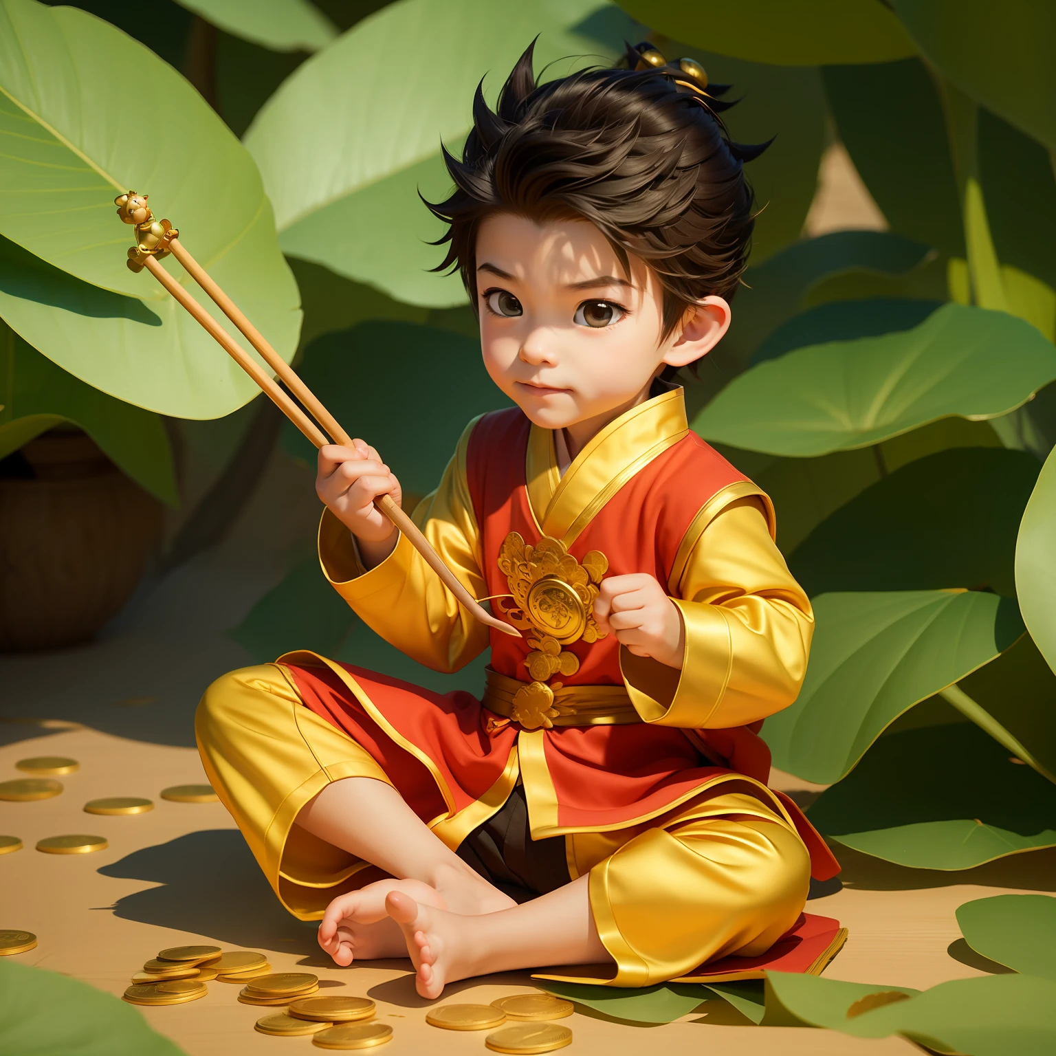 Cartoon boy sitting on a leaf with a cane,fortune,sitting on a pile of gold coins,With many gold coins,The character art of Maple Story,mapo tofu cartoon,Wukong,Sit on a leaf,nanquan,Flat lotus,There are ingots and gold coins around,Red clothes