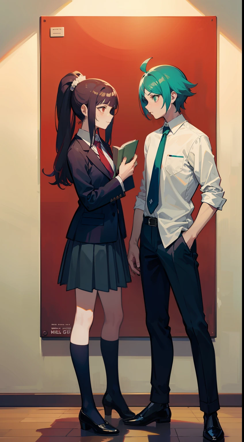 Two anime characters in business clothes standing in the middle of the screen,face to face，Grab a book together，Black shoes，concept art by Kamisaka Sekka, Pisif, Sots Art, ace attorney style, rimuru and milim, puce and vermillion, offcial art, vermillion and cyan, digital art from danganronpa, Medium shots of the character, clean backdrop，official character art