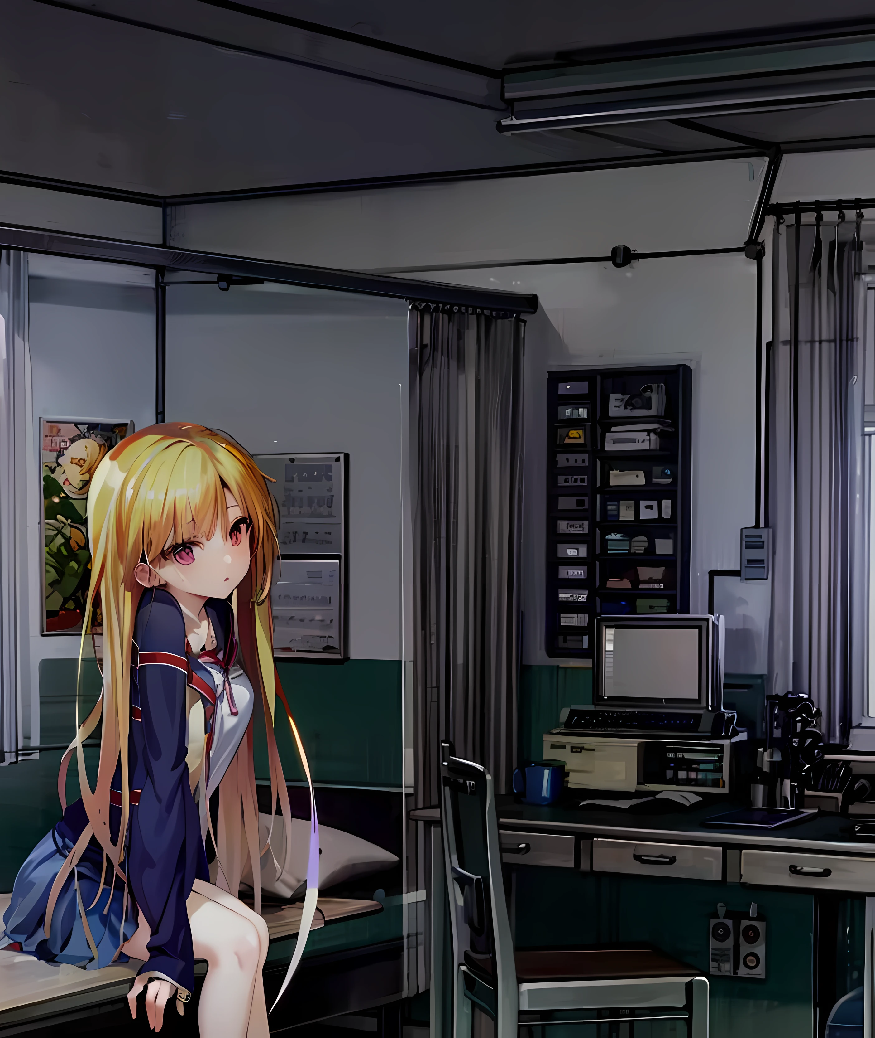 Anime girl in room with desk and chair, ; visual novel, visual novel cg, visual novel, rings asuka iwakura station game, High School Background, painted in anime painter studio, anime girl desktop background, Anime Background, blonde anime girl with long hair, style of madhouse studio anime, iwakura lain, visual novel key visual