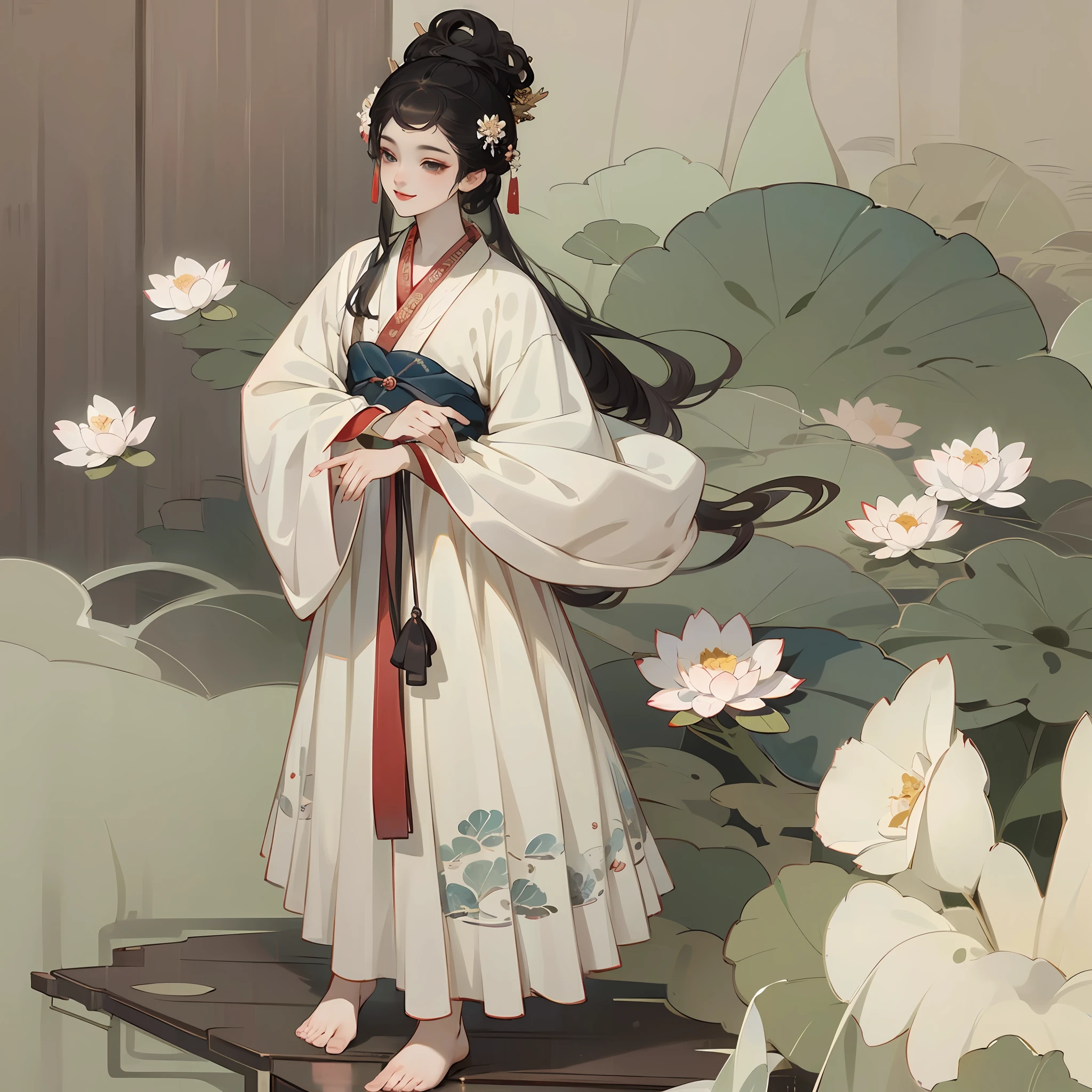 ((4k,masterpiece,best quality)), shuimobysim, Traditional chinese painting, lotuses, Hanfu, maxiskit, Dress conservatively 1girl, solo, blue long hair, ssmile, standing on your feet, Feet in the water, The barefoot,water ink，Chinese painting paints，Beautuful Women， --auto