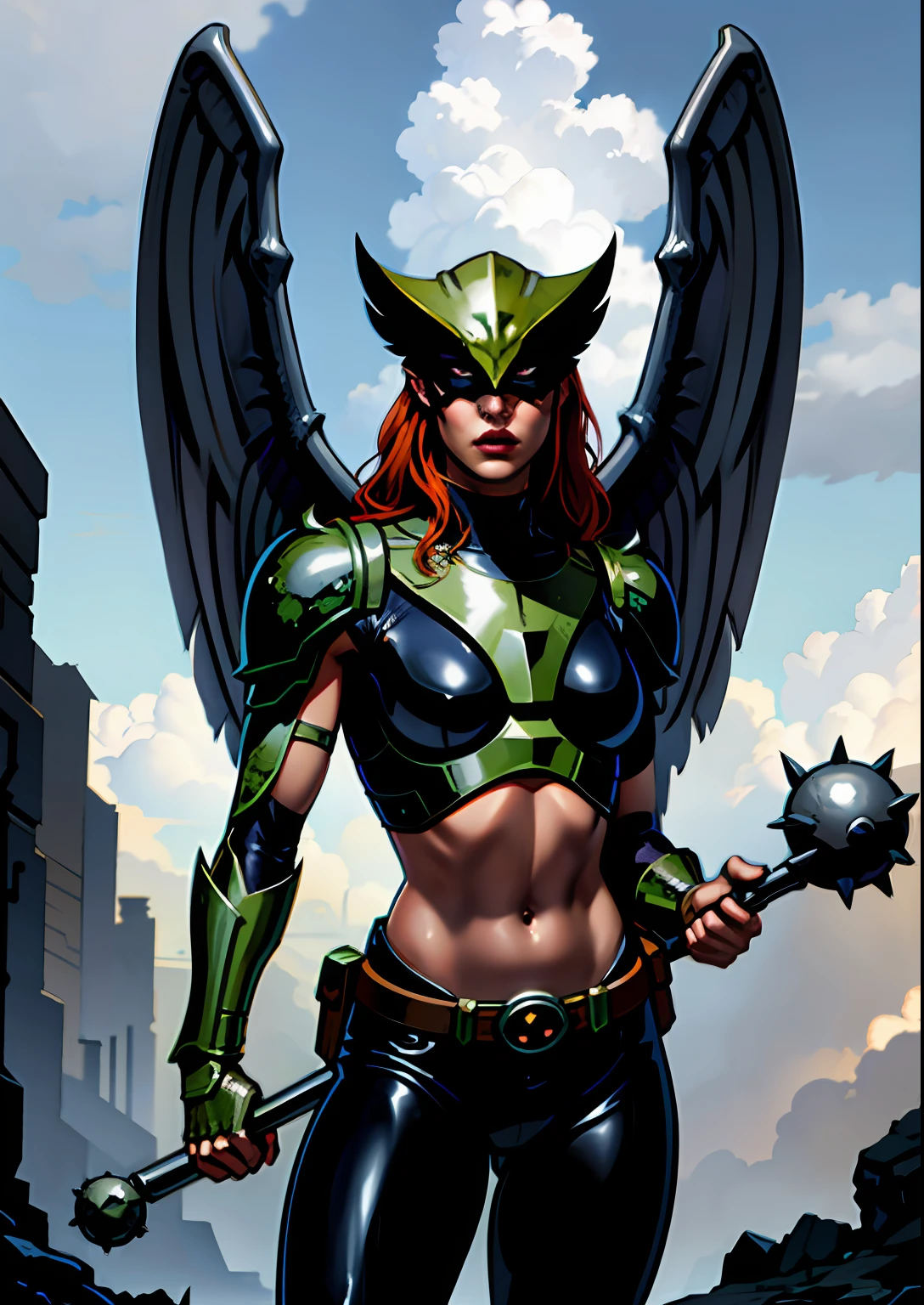 (cowboy shot), (masterpiece), (best quality:1.0), (ultra highres:1.0), highly detailed face and eyes, (photorealistic:1.2)
BREAK
ShayeraDC, green eyes, mask, metal wings, wings, holding weapon, large spiked mace, electricity
navy-blue plate armor, black pants, midriff, belt,
BREAK
sky, lightning, clouds