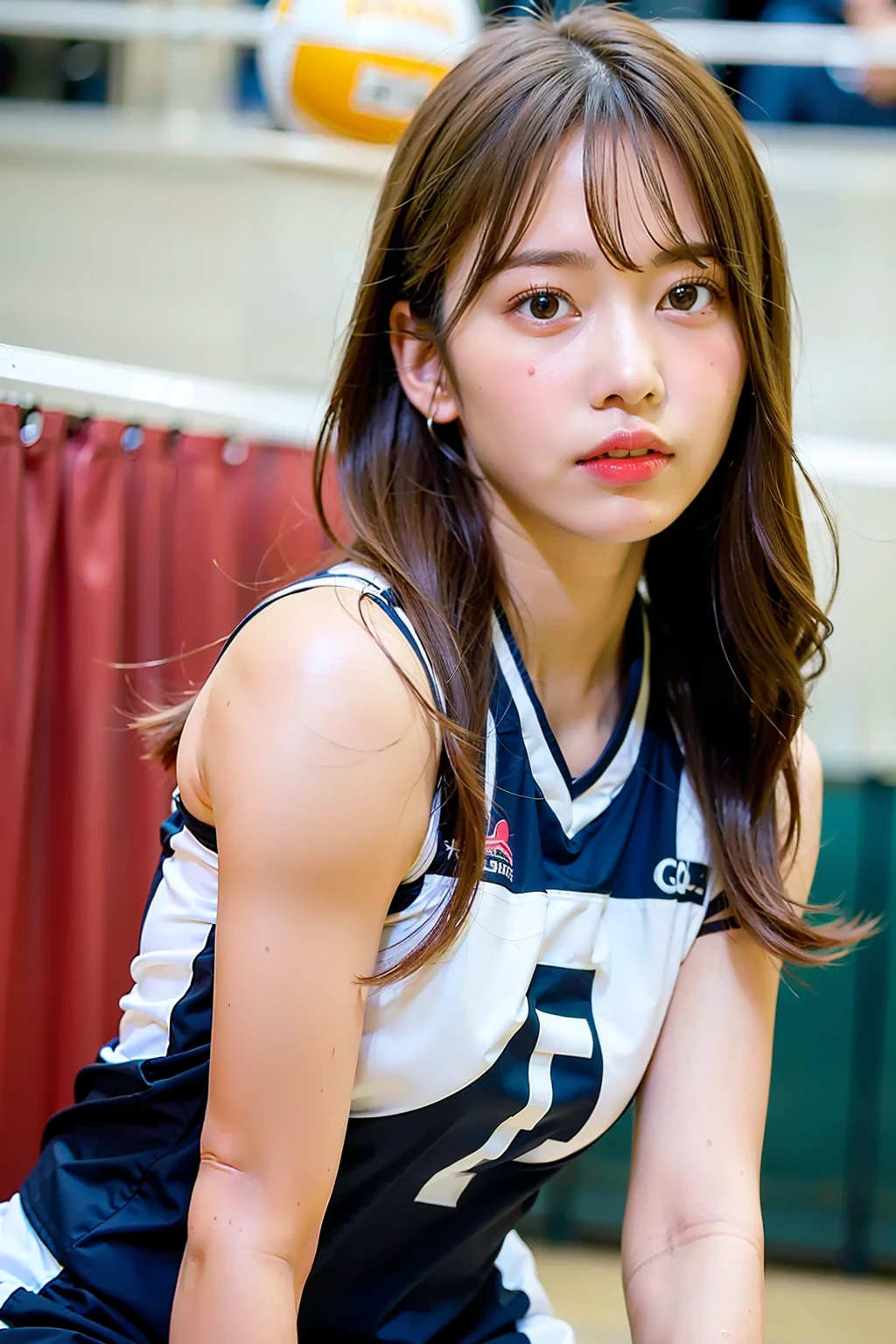 masterpiece:1.2、top-quality)、realisitic、(Authentic Photos、intricate detailes、depth of fields)、(1 girl in、独奏)、make - up、Parted lips、Highly detailed perfect face、(mideum breasts:1.4)、Constriction、tall、Shiny coral lips、Red hair、red eyes、poneyTail、(A girl playing volleyball、Volleyball Uniforms)、(Sweating:1.2)、(wet)、A sexy、red blush、Volleyball Court、Volleyball Net、Gymnasium、audience