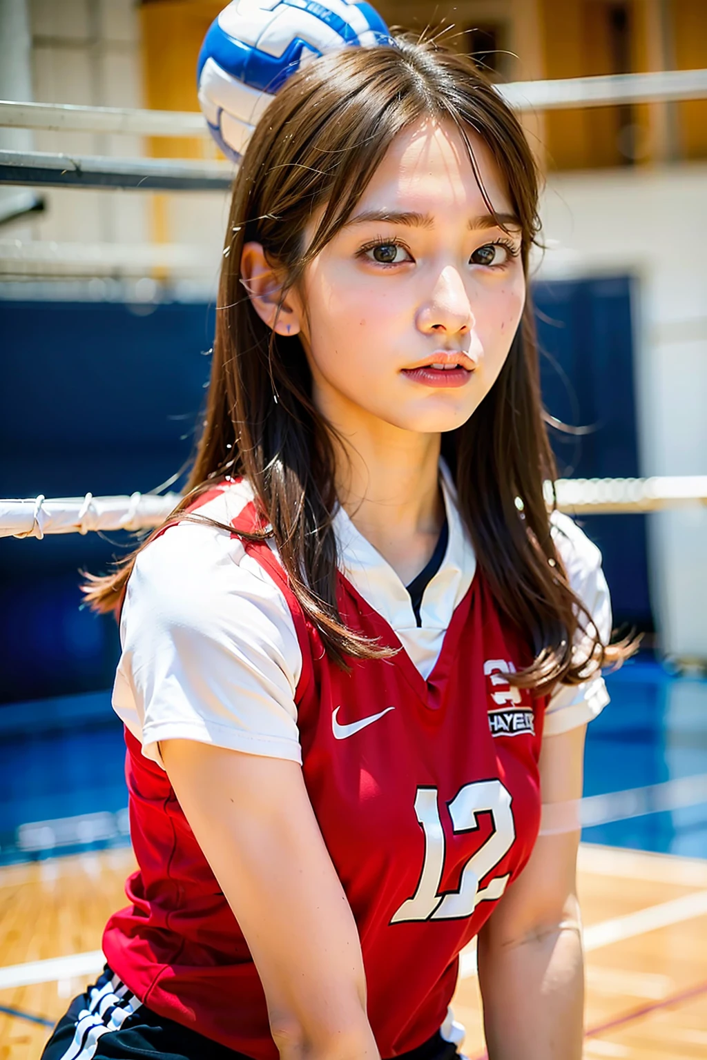 ​masterpiece:1.2、top-quality)、realisitic、(Authentic Photos、intricate detailes、depth of fields)、(1 girl in、独奏)、make - up、Parted lips、Highly detailed perfect face、(mideum breasts:1.4)、Constriction、tall、Shiny coral lips、Red hair、red eyes、poneyTail、（A girl playing volleyball、Volleyball Uniforms）、（Sweating：1.2）、（wet​）、A sexy、red blush、Volleyball Court、Volleyball Net、Gymnasium、audience