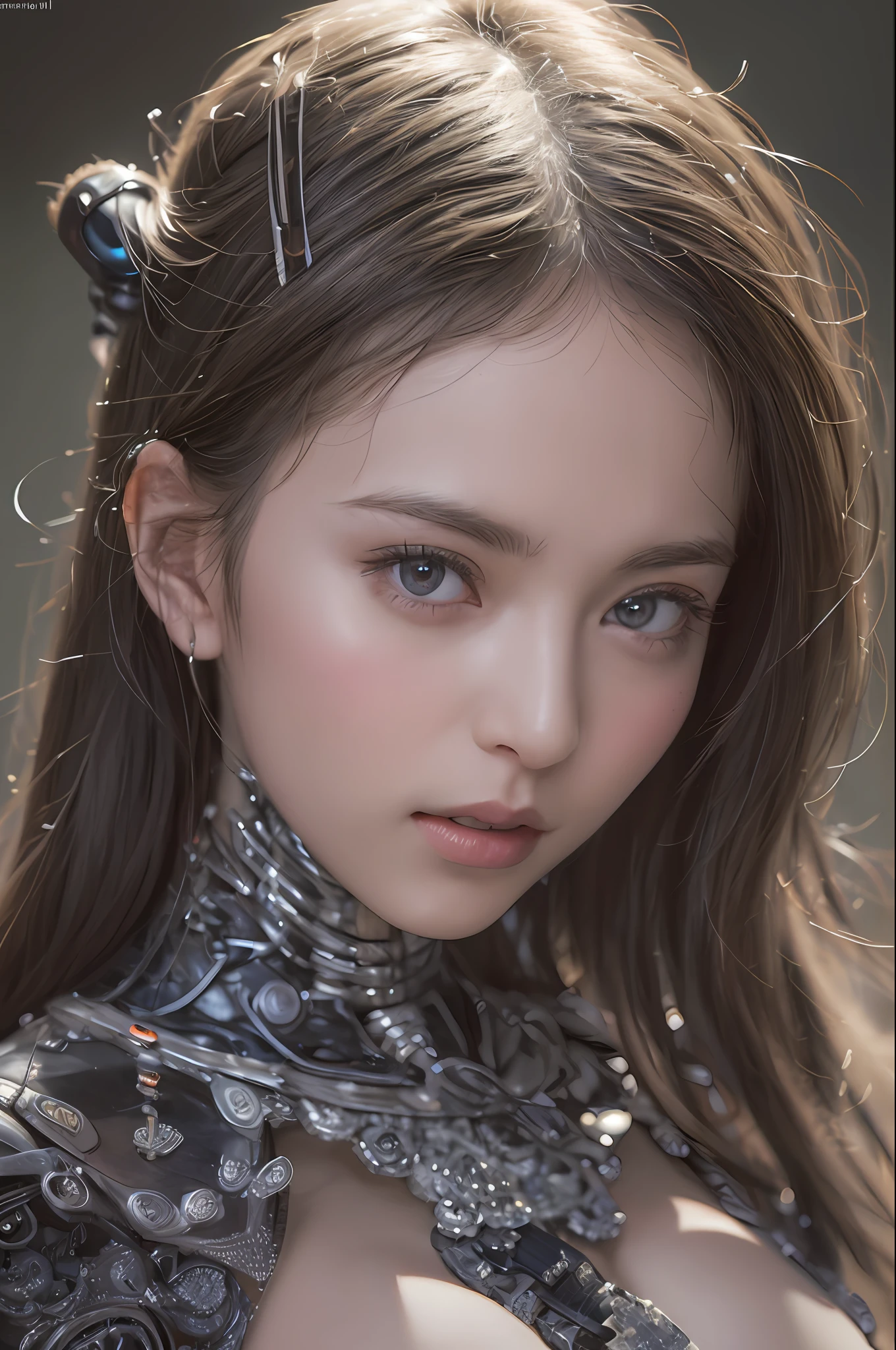 Top Quality, Masterpiece, Ultra High Resolution, (Photorealistic: 1.4), Raw Photo, 1 Girl, Black Hair, Glossy Skin, 1 Mechanical Girl, (Ultra Realistic Details)), Portrait, Global Illumination, Shadows, Octane Rendering, 8K, Ultra Sharp, Big, Cleavage Exposed Raw Skin, Metal, Intricate Ornament Details, Egyptian Details, Very intricate details, realistic light, CGSoation trend, purple eyes, glowing eyes, facing the camera, neon details, mechanical limbs, blood vessels connected to the tube, mechanical vertebrae attached to the back, mechanical cervical attachment to the neck, sitting, wires and cables connecting to the head, evangelion, small LED lamp,