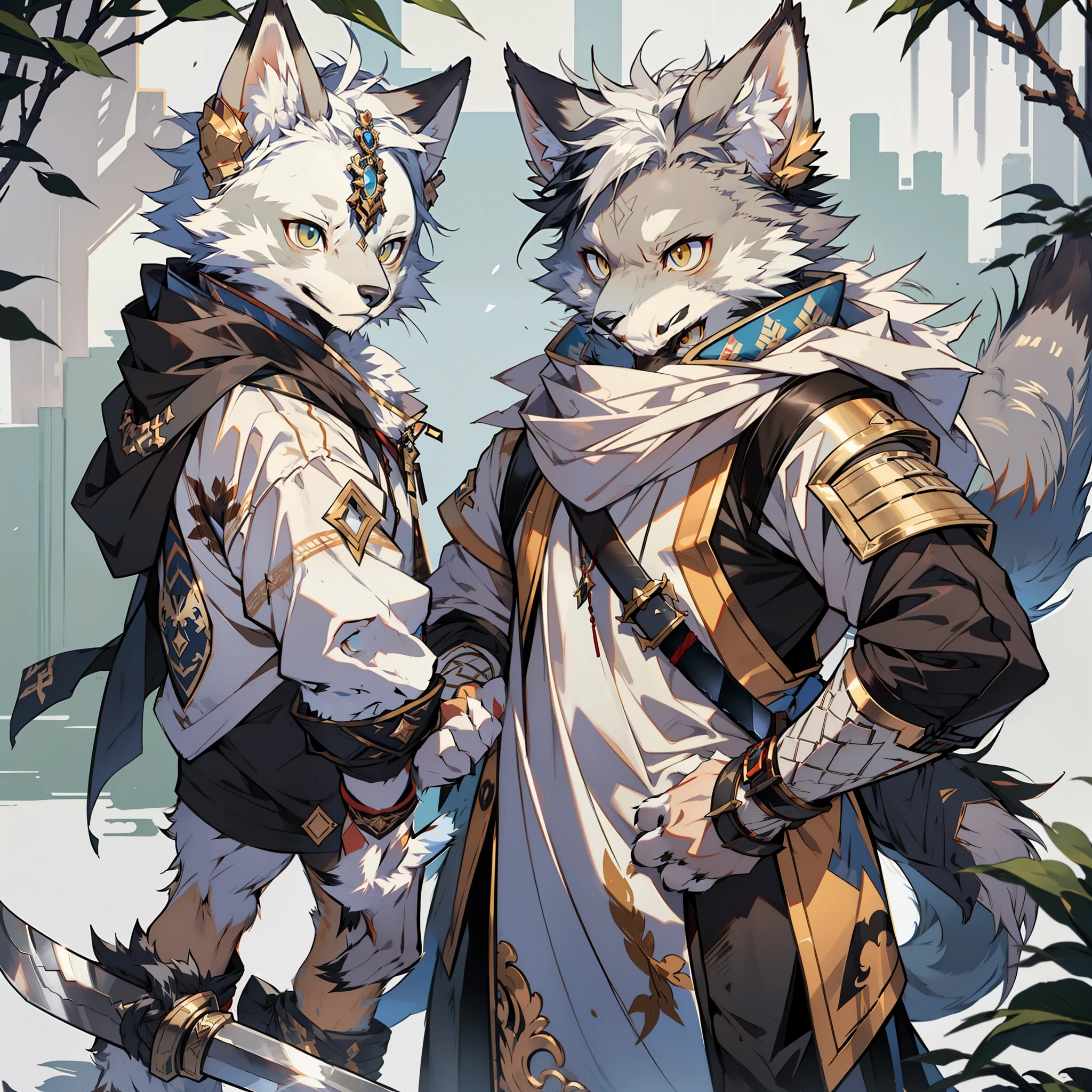 (Best Quality), (Masterpiece), ((Single 1.5)), (Ultra Detailed), (Furry), Full Body Furry, Furry, (Male Arctic Fox: 1.5), (Gray Skin: 1.3), (Gray Fur: 1.3), (Fluffy Tail: 1.2), Character Focus, (Golden Eyes), (Canine Paws), (Gray Ears), Sharp Focus, (Furry Animal Ears), ((Armor)), ((Sword)), ((monster_ hunter_style))