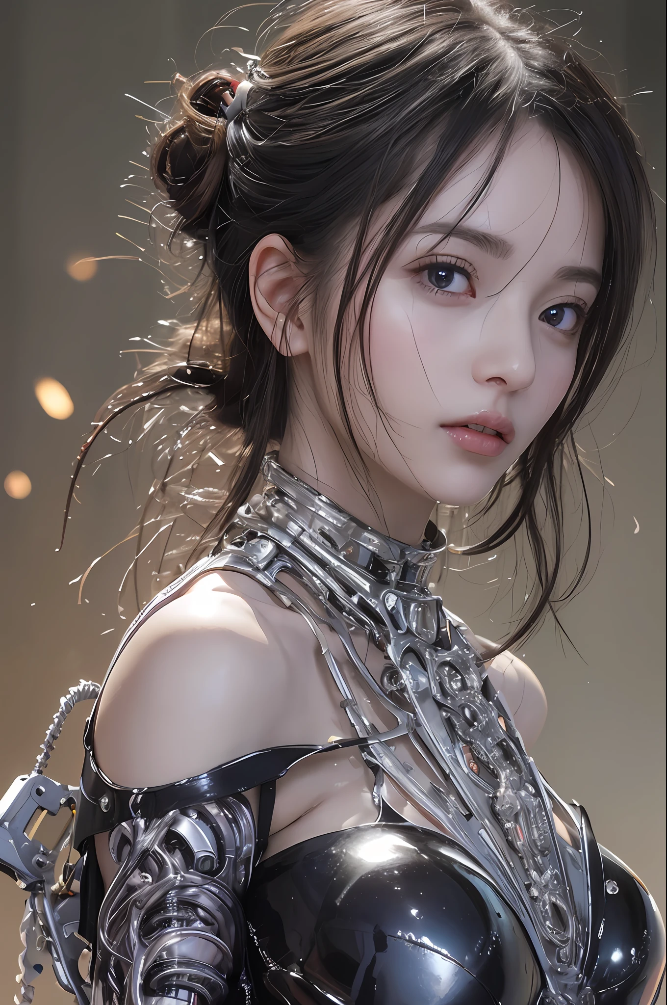 Top Quality, Masterpiece, Ultra High Resolution, (Photorealistic: 1.4), Raw Photo, 1 Girl, Black Hair, Glossy Skin, 1 Mechanical Girl, (Ultra Realistic Details)), Portrait, Global Illumination, Shadows, Octane Rendering, 8K, Ultra Sharp, Big, Cleavage Exposed Raw Skin, Metal, Intricate Ornament Details, Egyptian Details, Very intricate details, realistic light, CGSoation trend, purple eyes, glowing eyes, facing the camera, neon details, mechanical limbs, blood vessels connected to the tube, mechanical vertebrae attached to the back, mechanical cervical attachment to the neck, sitting, wires and cables connecting to the head, evangelion, small LED lamp,