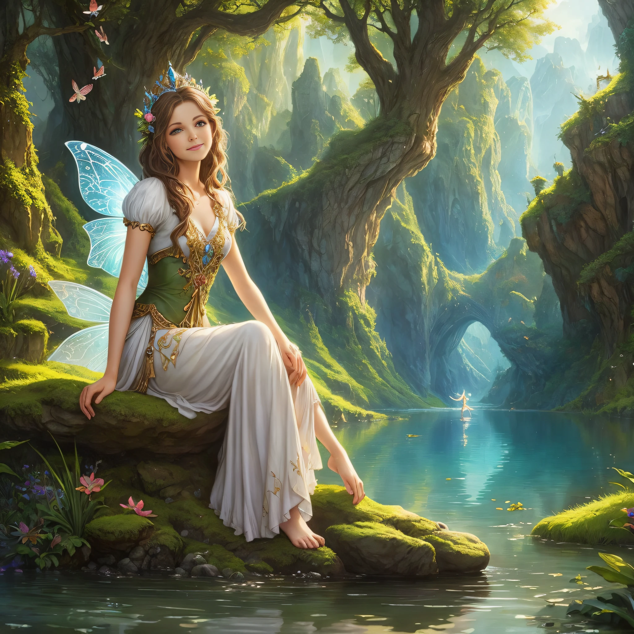 Close-up painting of a beautiful fairy sitting on a rock in a lake, in neverland city. smiling, by Cynthia Sheppard, portrait of fairy, beautiful fantasy art, queen of the fairies, breathtaking fantasy art, fairy dancing, portrait8k ultra high definition masterpiece photo)) fairytale artwork, faerie, realistic fantasy illustration, fairy, Tyler edlin fantasy art, very beautiful fantasy art, beautiful fairy --auto