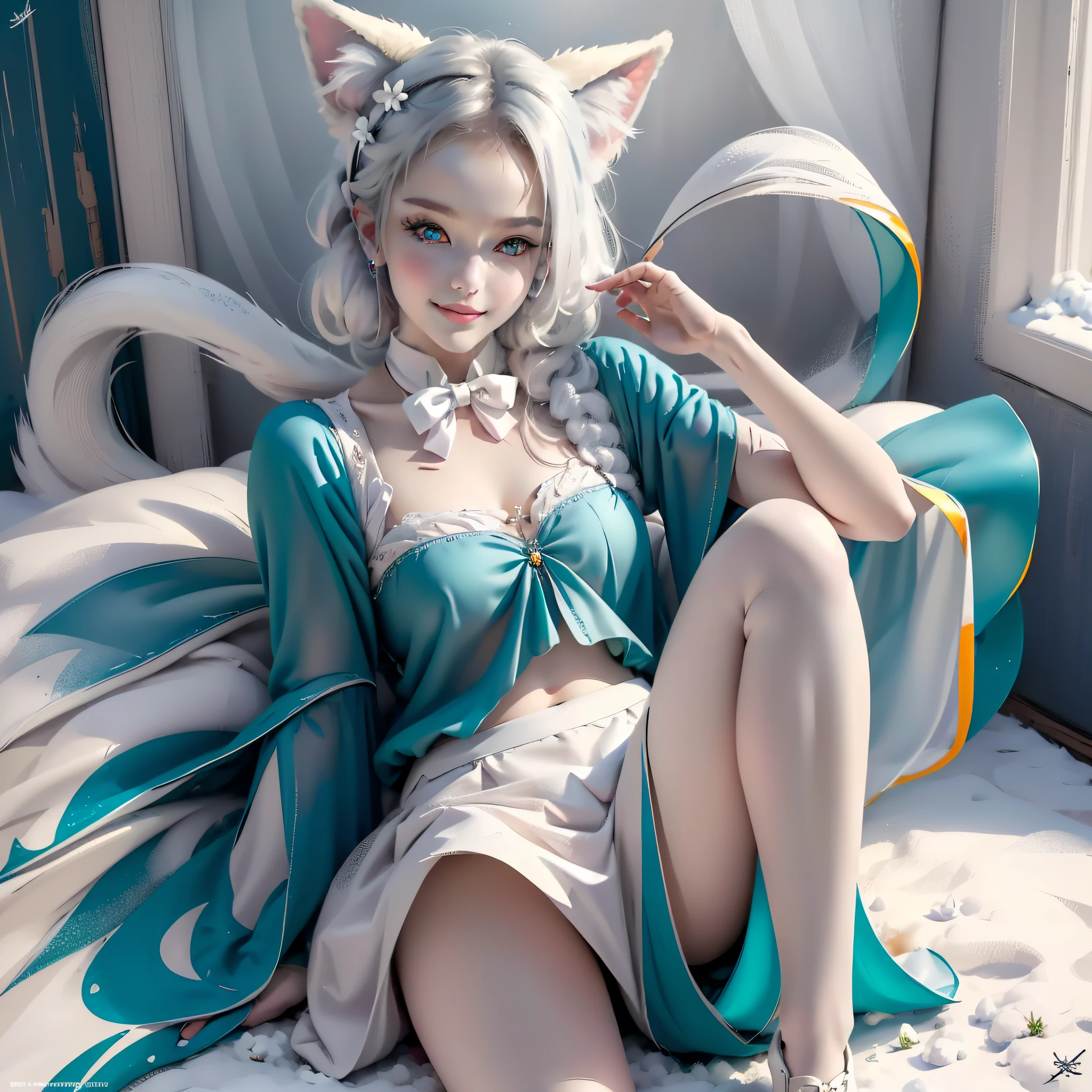 ((Masterpiece)), ((Best Quality)), ((Beautifully Painted)), ((Very detailed)), 1 Girl, Snow White Double Tail {{White Hair Bow}}, Snow White Bangs, Snow White Fox Ears, Pink Hairpin, (Cyan Eyes), (Beautiful Delicate Eyes), Light Smile, Blush, Less Clothes, Gray Bow Tie, Gray Layered Skirt, Snow White Furry Fox Tail, White Knees, Room Background