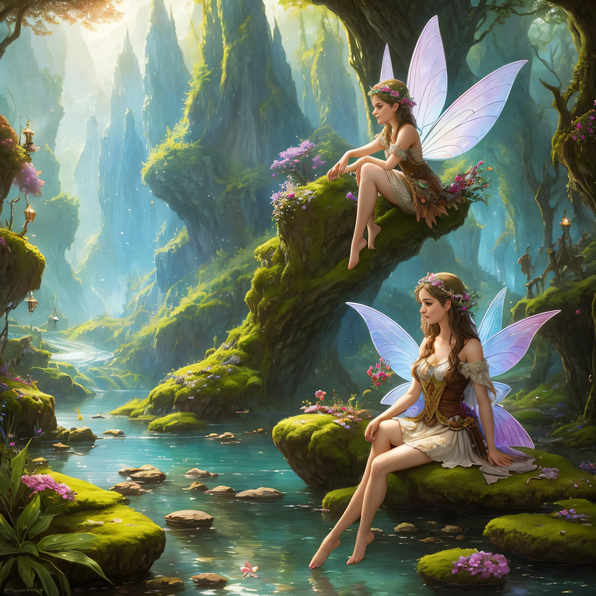 Close-up painting of a beautiful fairy sitting on a rock in a lake, in neverland city. smiling, by Cynthia Sheppard, portrait of fairy, beautiful fantasy art, queen of the fairies, breathtaking fantasy art, fairy dancing, portrait8k ultra high definition masterpiece photo)) fairytale artwork, faerie, realistic fantasy illustration, fairy, Tyler edlin fantasy art, very beautiful fantasy art, beautiful fairy --auto