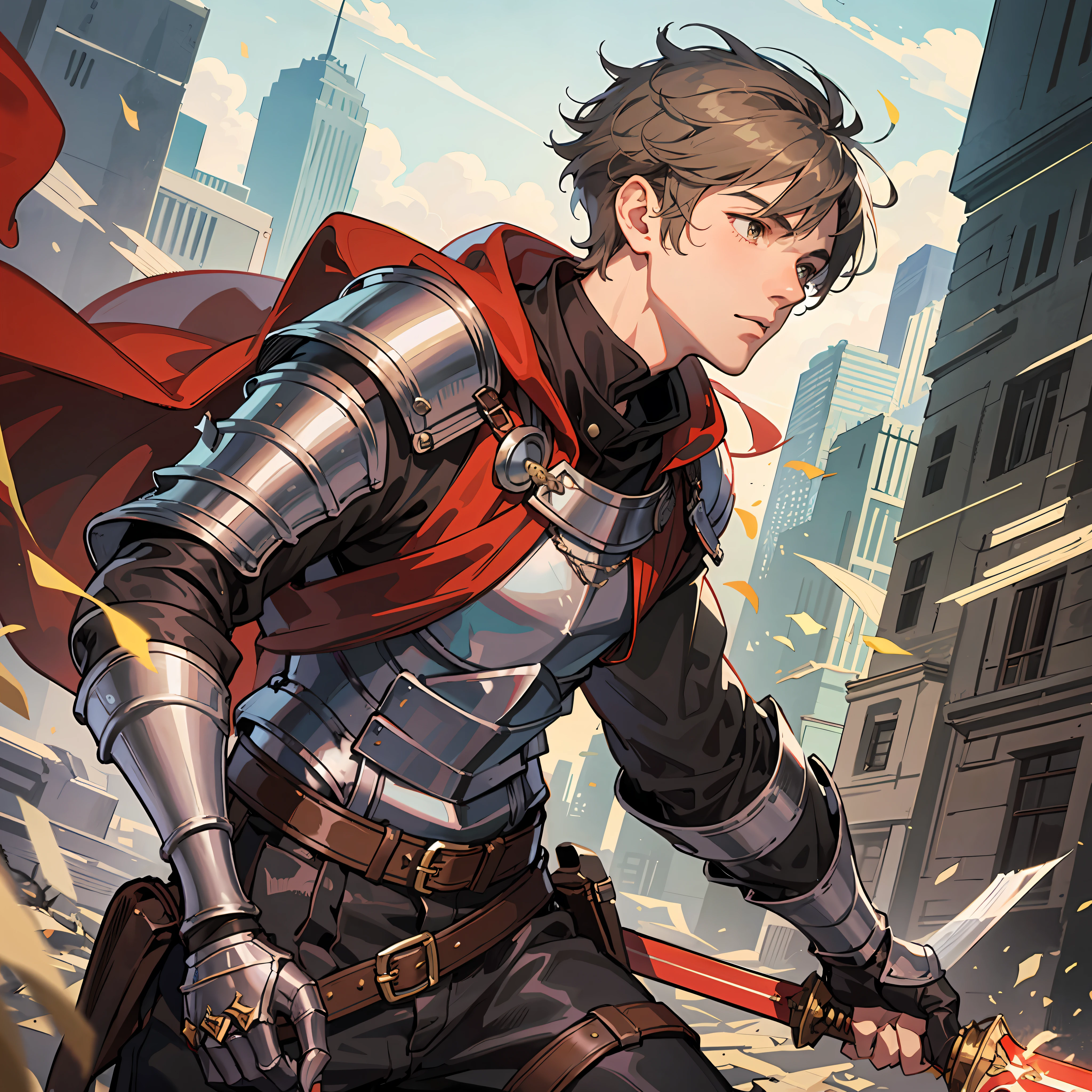 a 17-year-old teenage boy, 1 boy as a swordsman, sword, brown short hair, brown short hair parted in the middle, man's short hair, without a beard, without a goatee, no facial hair, silver colored medieval knight armor, red clothes, war, battlefield
