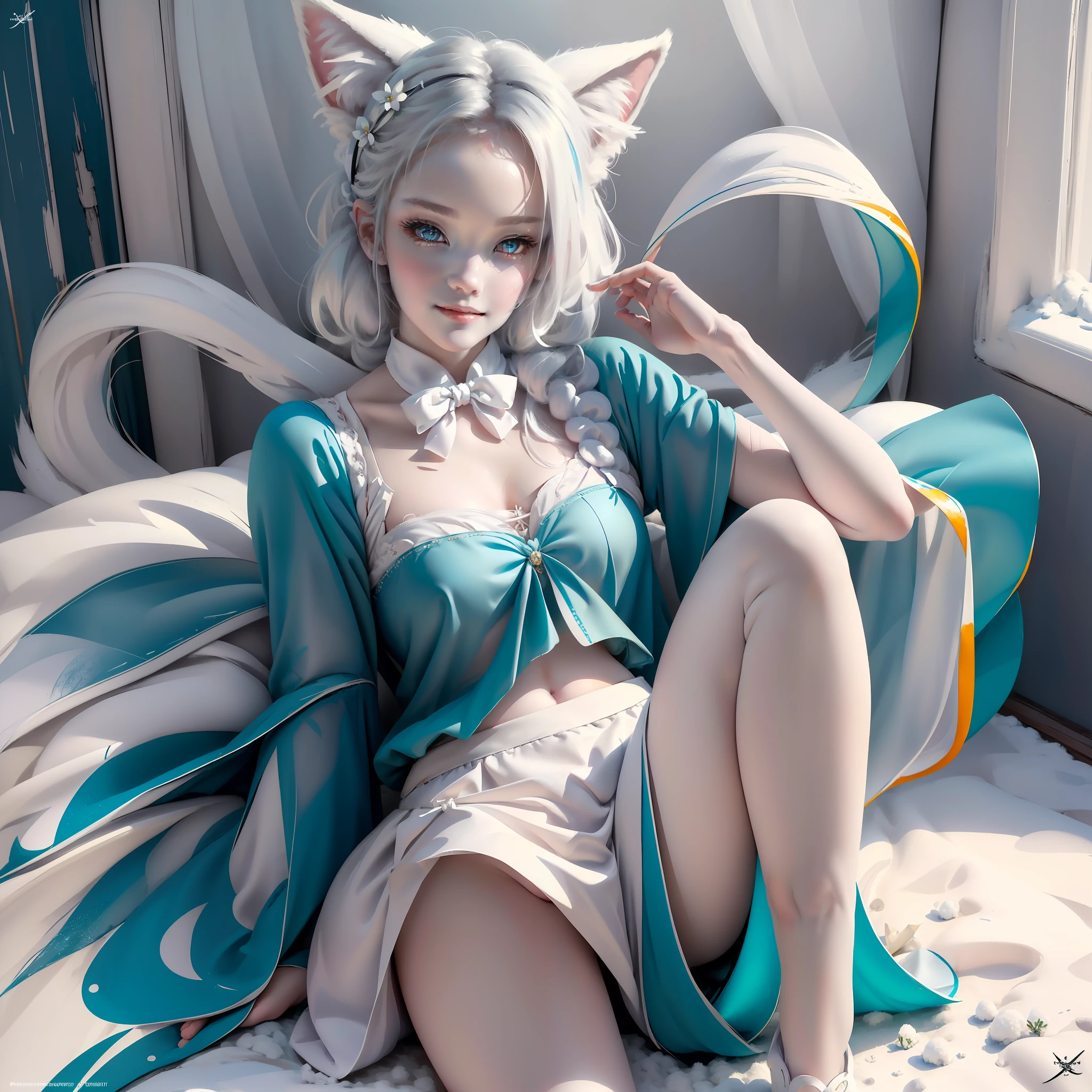 ((Masterpiece)), ((Best Quality)), ((Beautifully Painted)), ((Very detailed)), 1 Girl, Snow White Double Tail {{White Hair Bow}}, Snow White Bangs, Snow White Fox Ears, Pink Hairpin, (Cyan Eyes), (Beautiful Delicate Eyes), Light Smile, Blush, Less Clothes, Gray Bow Tie, Gray Layered Skirt, Snow White Furry Fox Tail, White Knees, Room Background