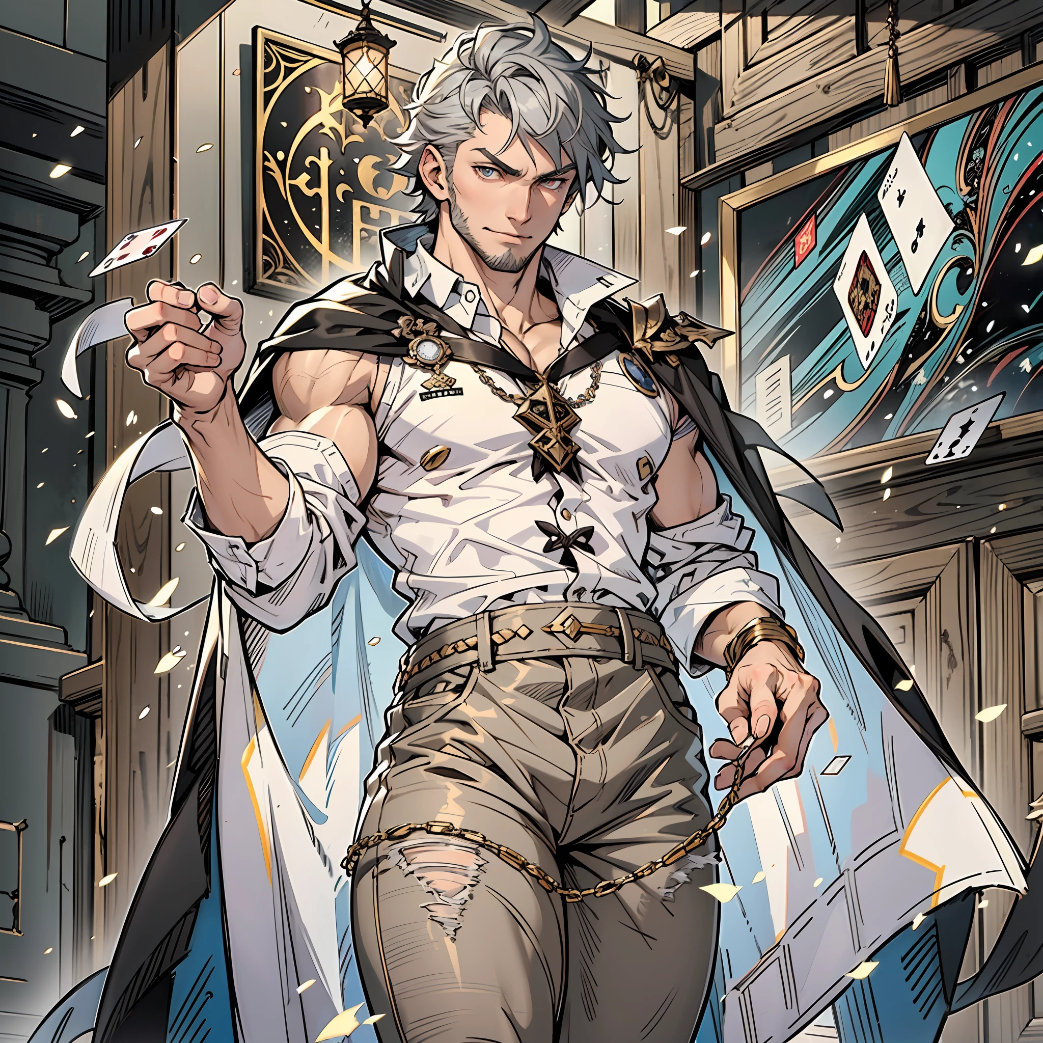 1male, solo male, adult, black scruffy stubble, cool black hair, white hair highlights, grey pupils, brown skin, handsome, semi-fit physique, tall, smirk, cocky expression. Clothing: white sleeveless button shirt, separated sleeves, dark grey coat hanging off his shoulder like a cape, black jeans, dark brown boots. Wizard aesthetic. Asian sorcerer. Battle pose. Arcana cards floating in the background. Hand is holding magic glyph. Hi res. Best quality. Masterpiece. Manhua artwork. Light Novel Character. Correct anatomy. Correct hand anatomy. Five fingers each hand. Best quality. Ultra high res drawing. Masterpiece. Best illistration.