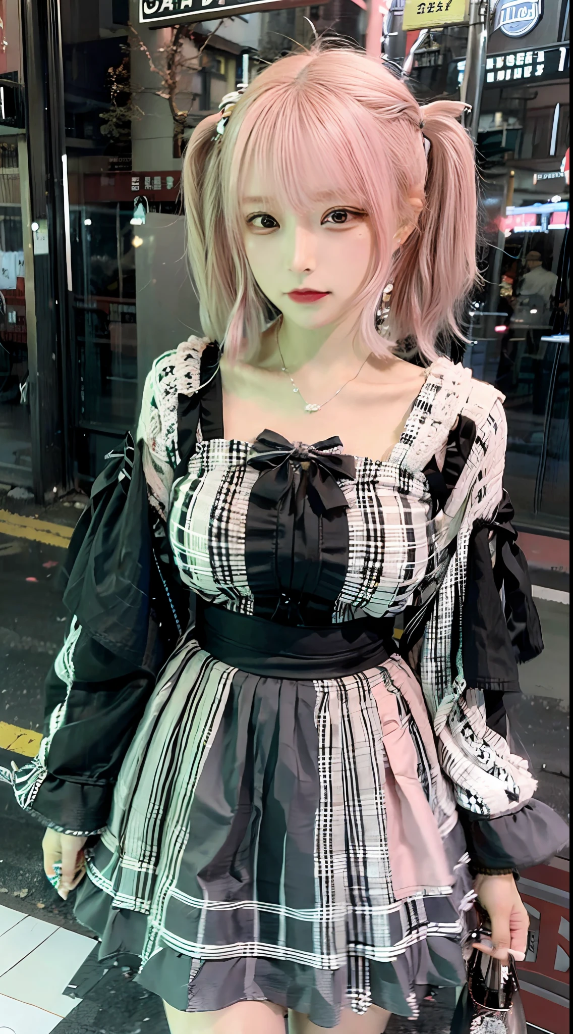 (Realistic:1.3), Finely detailed, quality, Rembrandt lighting, (masutepiece:1.2), (Photorealistic:1.2), (Best Quality), (Detailed skin:1.3), (Intricate details), Dramatic, Ray tracing, Break 1 Girl, japanaese girl, Smiling,(Pink Hair 1.4), twin-tail hair, Twin Loop Hair, Parted bangs, Eye highlights 21 years old, medium breasts, earrings, jirai fashion, Short dress, frilld, Lace, bow ribbon, BREAK (on tokyo street, Harajuku, A clear day), BREAK