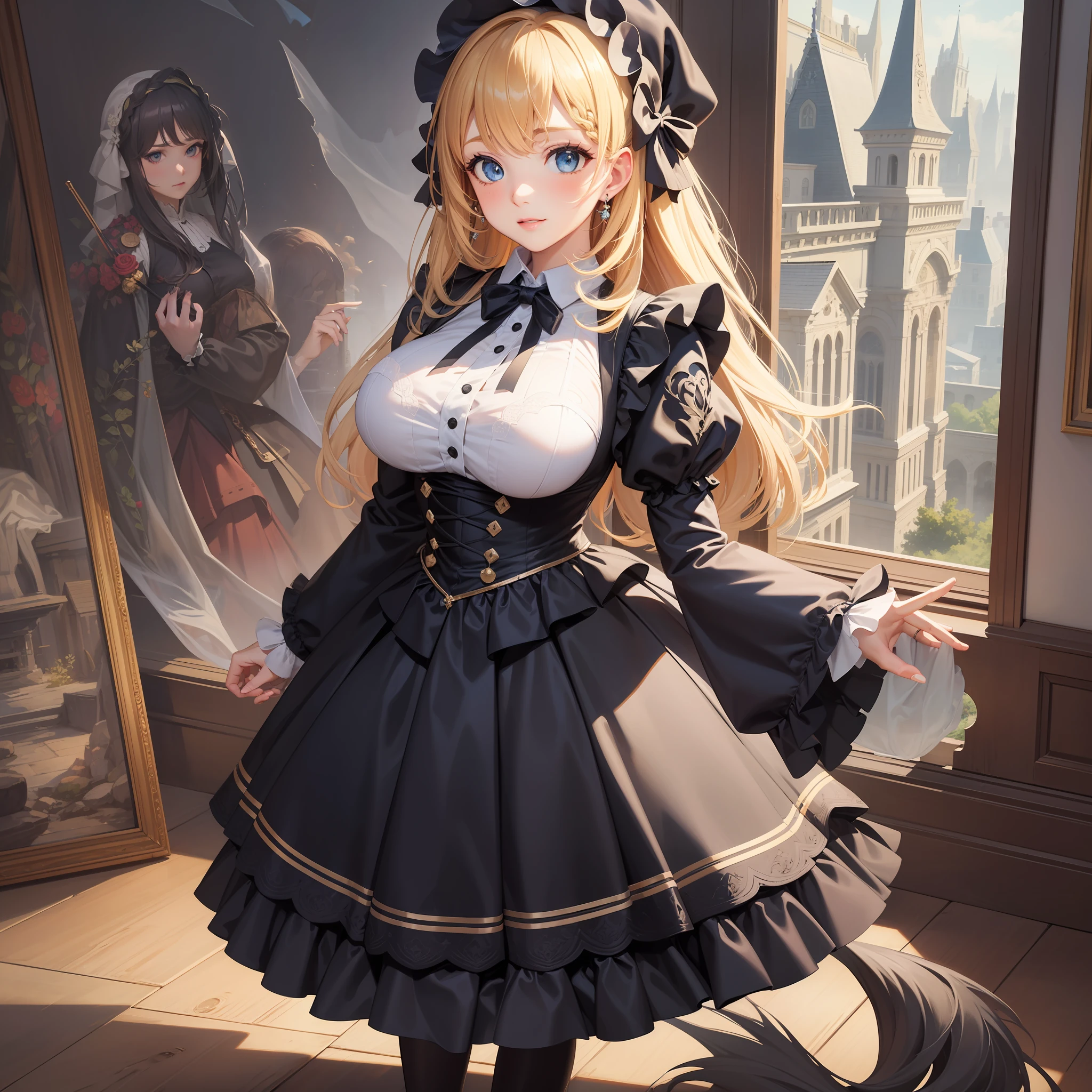 High resolution, Highest Quality, ultra-quality, Super Detail, A hyper-realistic, Photorealistic, Anime, Illustration, Fantasy, Northern Renaissance style, Super Cute Witch, Mysterious, Enchanting, Big blue eyes, Up braided hairstyles, Blonde hair, Huge breasts, perfectly proportions, Full body, Black long skirt maid clothes and veils, Black pantyhose, Northern Renaissance style in the background, Kaleidoscope, the royal palace