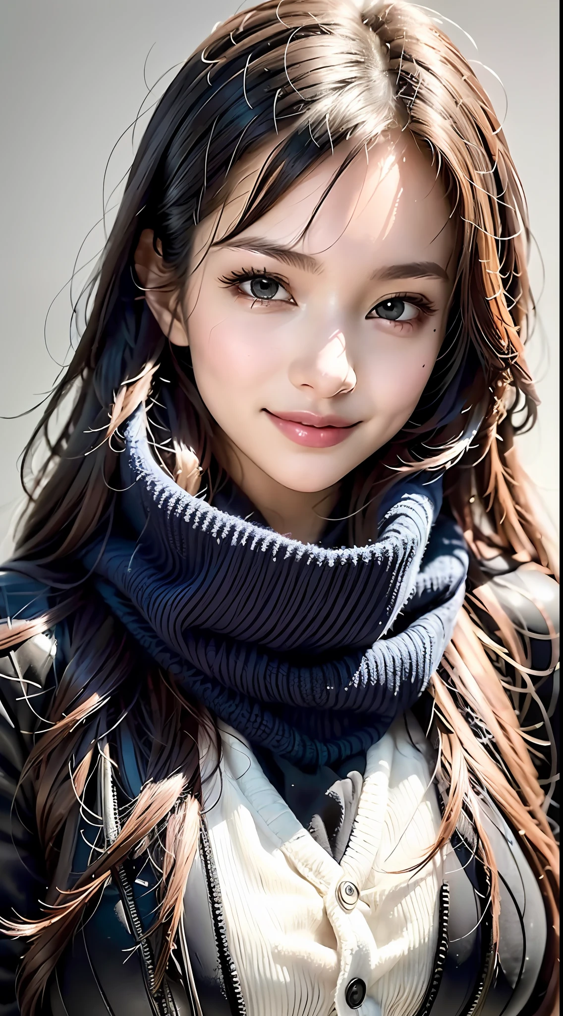 (close-up:1.4), 
(RAW photo:1.2), (photorealistic:1.4),(masterpiece:1.3),(best quality:1.4), dreamlike, (detailed eyes),(detailed facial features), (detailed clothes features), skin tight, (shiny skin),(slender girl),(slim girl), 1girl, ((full body)),solo, cute,smlie,(medium breasts), bangs, straight hair, long hair, black hair, black eyes, crystal pendant, Long blue scarf,White long wool coat,Black thick pantyhose,Brown snow boots,