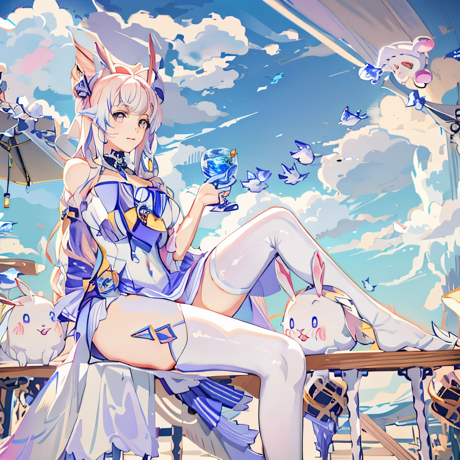 Anime girl sitting on bench，Rabbit and rabbit in hand, A scene from the《azur lane》videogame, Anime fantasy illustration, azur lane style, trending on cgstation, Anime fantasy artwork, 《azur lane》role, anime in fantasy style, Bunny Girl, beautiful fantasy anime, Fantasy art style, 2. 5 D CGI anime fantasy artwork