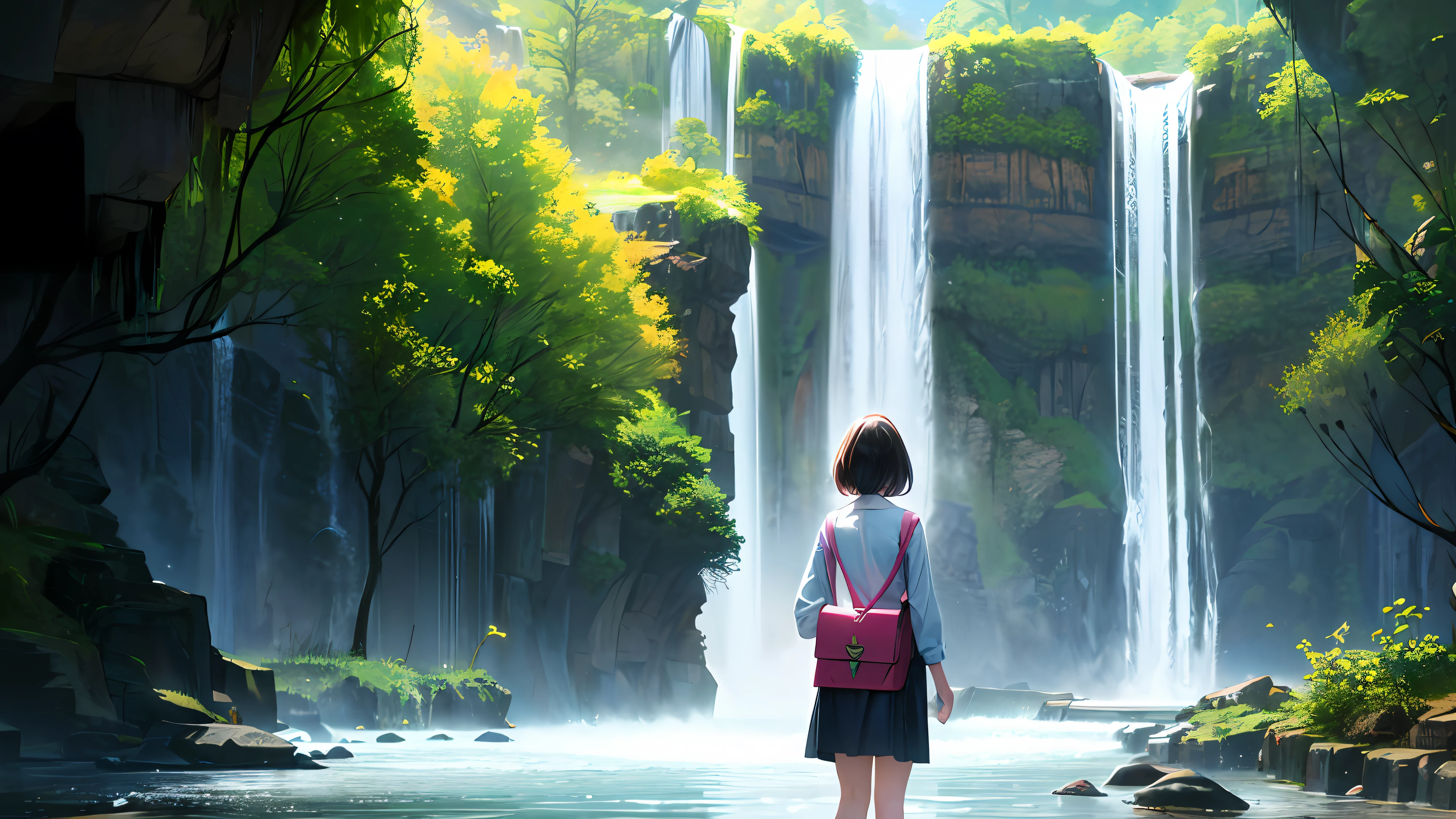 there is a woman standing on a bridge with a bag, waterfalls in the background, with a waterfalls, waterfall in the background, with waterfalls, with trees and waterfalls, with waterfalls and river, beautiful lady, standing near a waterfall, standing in front of a waterfall, in a cave with the waterfall, waterfall in background, next to a waterfall