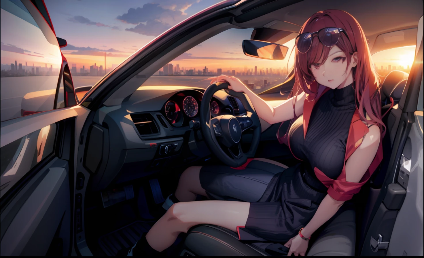 Anime girl in a car with steering wheel and city in the background, driving car, style of anime4 K, Beautiful anime artwork, High Quality Anime Art Style, anime girl desktop background, anime backgrounds, 4K anime wallpaper, Drive fast, Anime background art, Beautiful anime art, beautiful anime scenes, anime wallaper, beautiful anime art style --auto