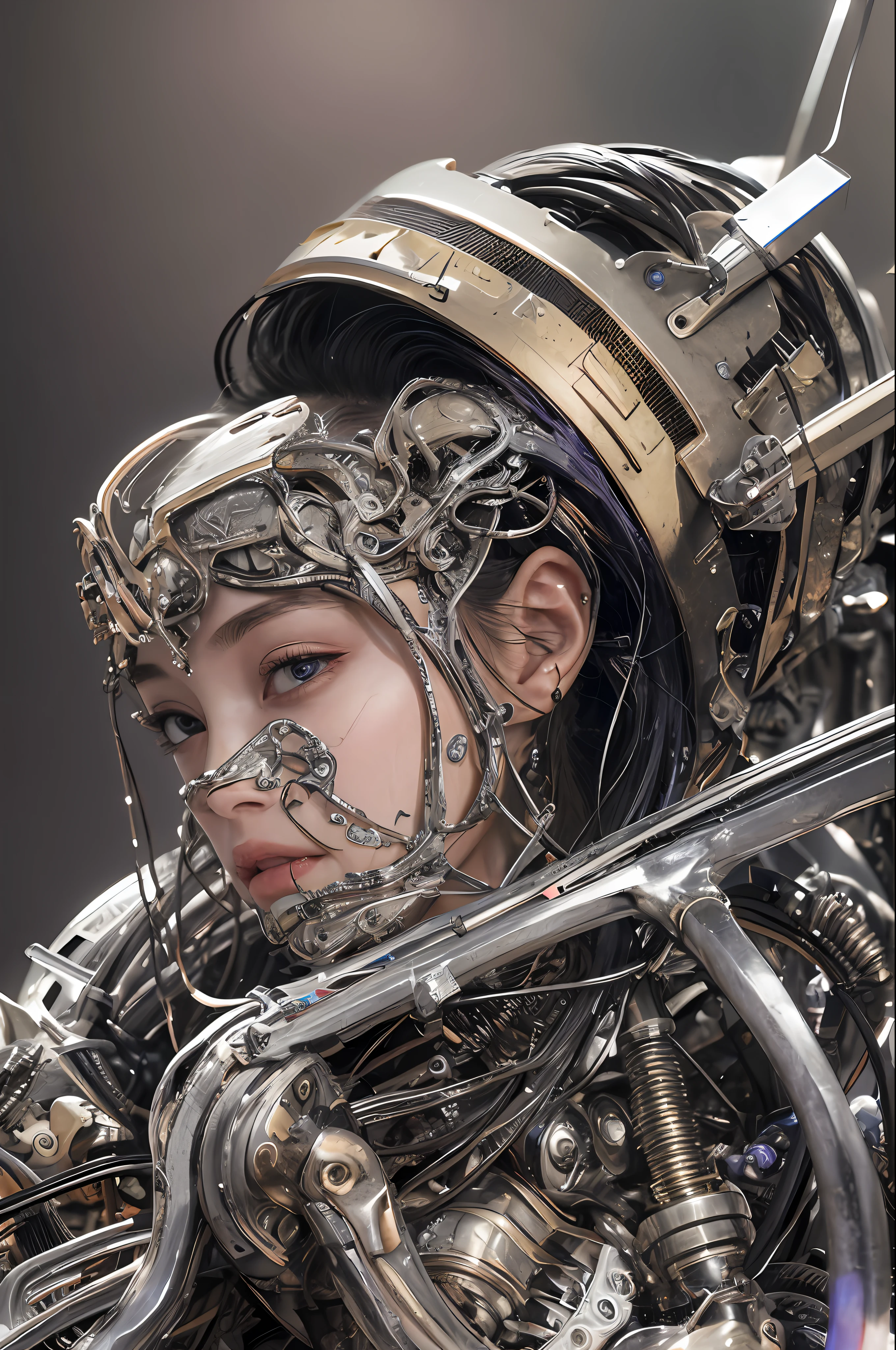 Top Quality, Masterpiece, Ultra High Resolution, (Photorealistic: 1.4), Raw Photo, 1 Girl, Black Hair, Glossy Skin, 1 Mechanical Girl, (Ultra Realistic Details)), Portrait, Global Illumination, Shadows, Octane Rendering, 8K, Ultra Sharp, Big, Cleavage Exposed Raw Skin, Metal, Intricate Ornament Details, Egyptian Details, Very intricate details, realistic light, CGSoation trend, purple eyes, glowing eyes, facing the camera, neon details, mechanical limbs, blood vessels connected to the tube, mechanical vertebrae attached to the back, mechanical cervical attachment to the neck, sitting, wires and cables connecting to the head, evangelion, small LED lamp,