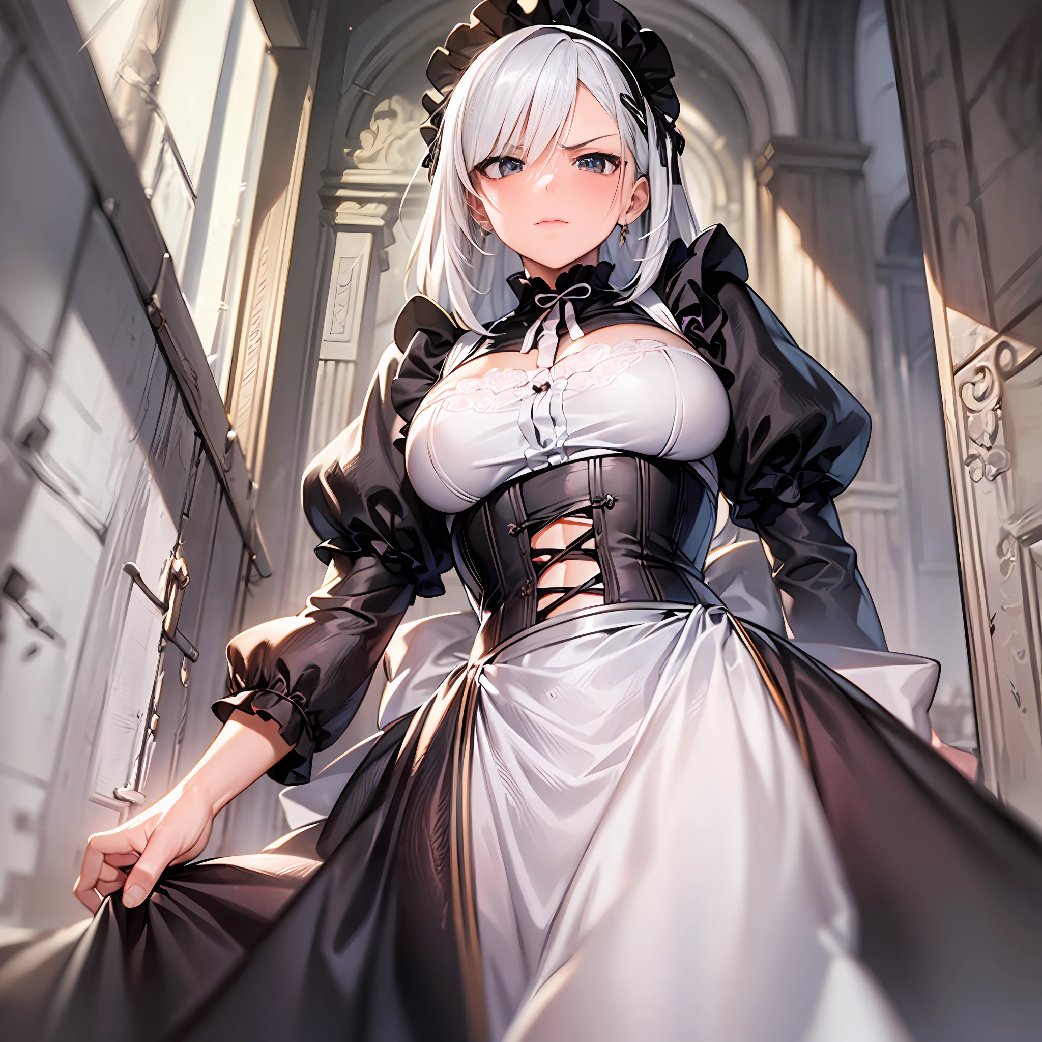 ((masterpiece, best quality)), (1girl), ((mature female)), ((maid)), (maid dress), ((white hair)), angry, curvy, in the castle, medieval, looking at viewer,from below,