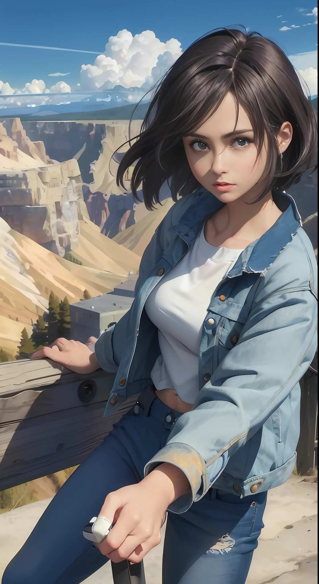 (((1 rapariga, adolable, jean jacket, White top, denim pant, mitts, brunette color hair, short detailed hair, bobo head, side parted hair, eBlue eyes))), (((brunette color hair))), dynamicposes, Manhwa Style, Depicts a group of characters in various action scenes，From intense battles to relaxing moments，With dramatic speed lines and bold sound effects，Capture the excitement and energy of the story，Laser emitted by the palm of the hand，Attack forward with the palm of your hand，Yellowstone，Grand canyon，