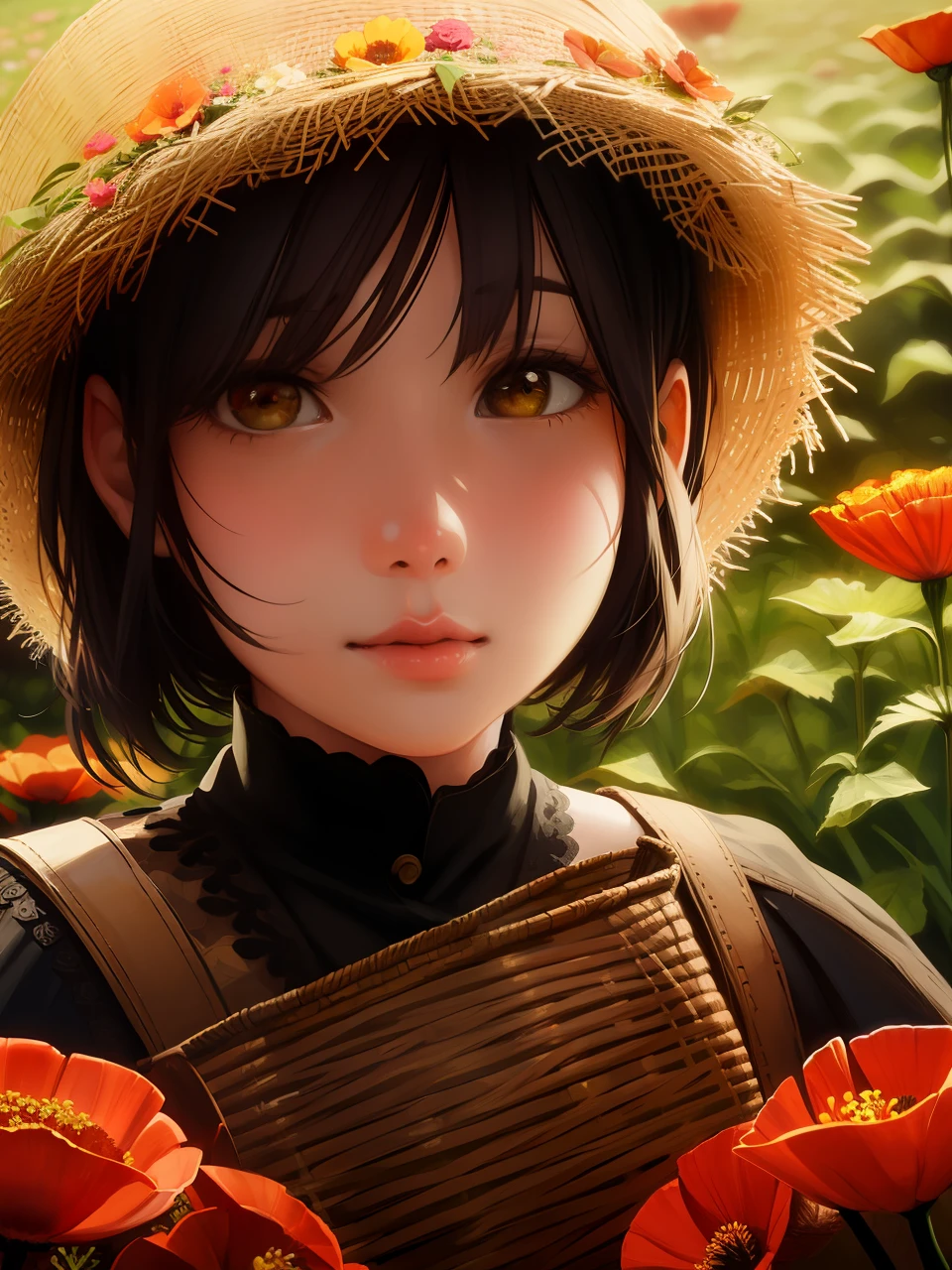 (pixarstyle:1.25) a waist-length portrait of a little girl with a basket of flowers, overgrown with poppy flower, natural skin texture, 4k textures, hdr, intricate, highly detailed, sharp focus, cinematic look, hyperdetailed