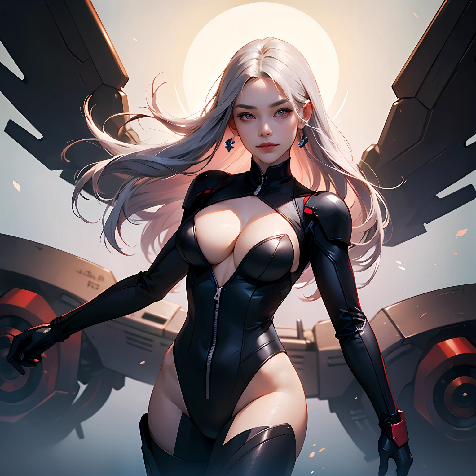 1 girl, 独奏, Gradient hair, a pink eyes, droid, Mecha girl,, Medium Shot Shot, tmasterpiece, professinal, high high quality, big breasts beautiful, astounding, medieval times, No splashes, silver decoration, Very long hair, tmasterpiece, A high resolution, 4K, detailedbackground,staredown, 独奏, Half shot, 详细的脸, Slight smile, dynamicposes, largeeyes,Blushlush,Hyper-realistic,(Realiy:1.3) ,Large breasts,Shapewear underwear,cleavage,Aperture above the head,Medium Shot Shot,Red and black suits
