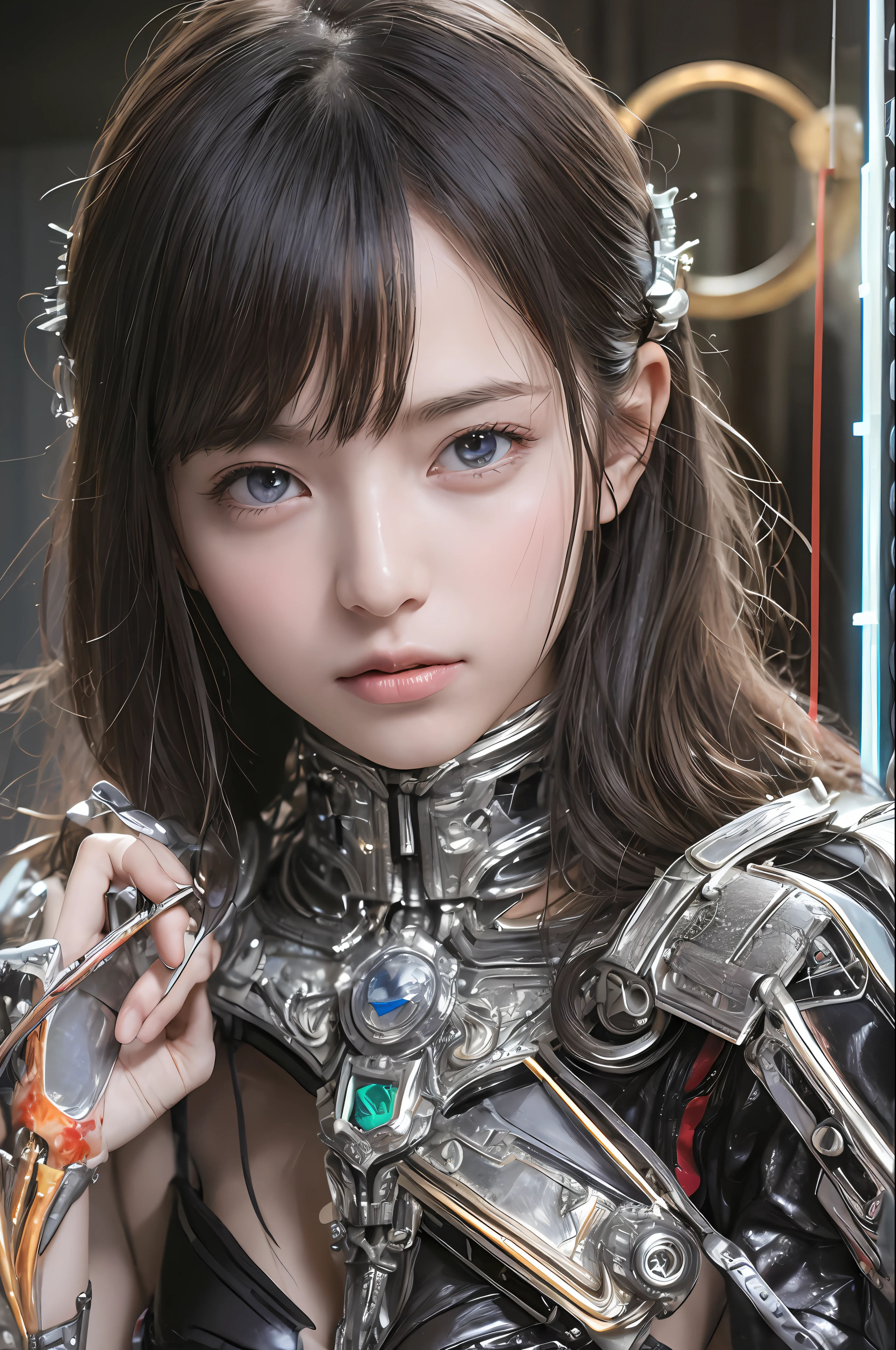 Top Quality, Masterpiece, Ultra High Resolution, (Photorealistic: 1.4), Raw Photo, 1 Girl, Black Hair, Glossy Skin, 1 Mechanical Girl, (Ultra Realistic Details)), Portrait, Global Illumination, Shadows, Octane Rendering, 8K, Ultra Sharp, Big, Cleavage Exposed Raw Skin, Metal, Intricate Ornament Details, Egyptian Details, Very intricate details, realistic light, CGSoation trend, purple eyes, glowing eyes, facing the camera, neon details, mechanical limbs, blood vessels connected to the tube, mechanical vertebrae attached to the back, mechanical cervical attachment to the neck, sitting, wires and cables connecting to the head, evangelion, small LED lamp,