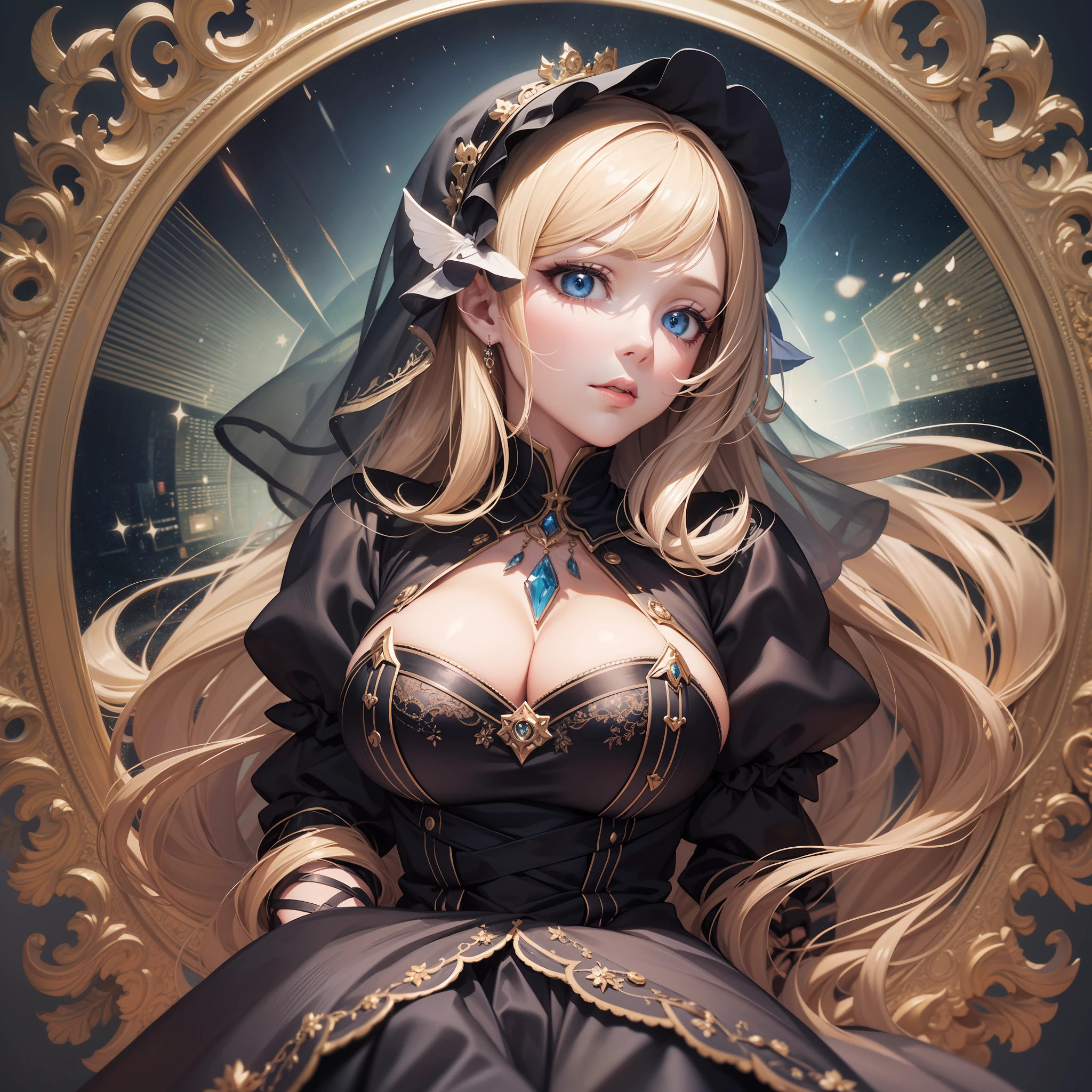 high resolution, highest quality, super high quality, super detail, ultra realistic, photorealistic, anime, illustration, fantasy, Northern Renaissance style, super cute witch, mysterious, enchanting, big blue eyes, french braid blonde hair, huge breasts, perfect proportion, full body, black long skirt maid outfit and veil, black pantyhose, background Northern Renaissance style, kaleidoscope, royal palace
