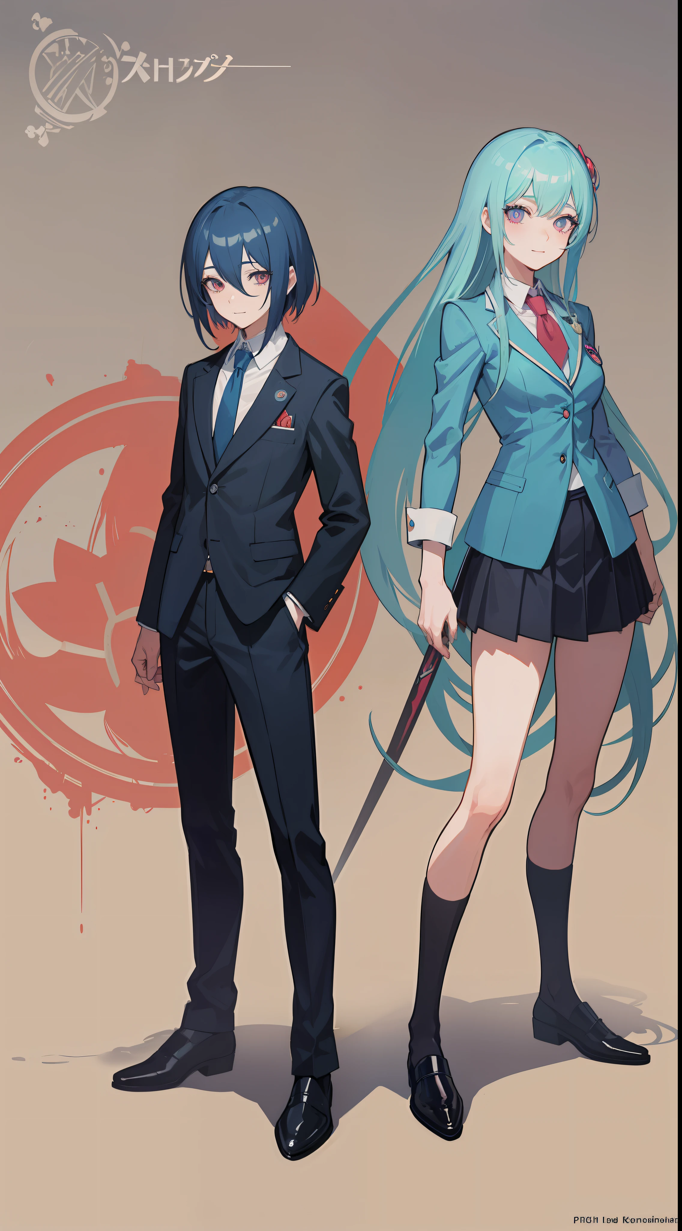 Anime characters in business attire standing side by side, ssmile,concept art by Kamisaka Sekka, Pisif, Sots Art, ace attorney style, rimuru and milim, puce and vermillion, offcial art, vermillion and cyan, digital art from danganronpa, medium shot of two characters, official character art